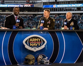 PHILADELPHIA (Dec. 10, 2022) -- Chief of Naval Operations Adm. Mike Gilday and Chief of Staff of the Army Gen. James McConville conduct a television interview prior to the 123rd Army Navy Game at Lincoln Financial Field in Philadelphia, Pennsylvania on Dec. 10, 2022. One of the oldest and most storied rivalries in collegiate athletics, Navy leads Army in the series with a 62-54-7 record.