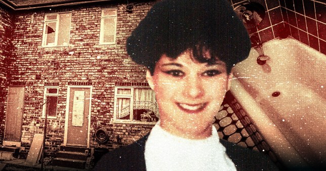 Image shows murder victim Julie Hogg with a bath and house behind her