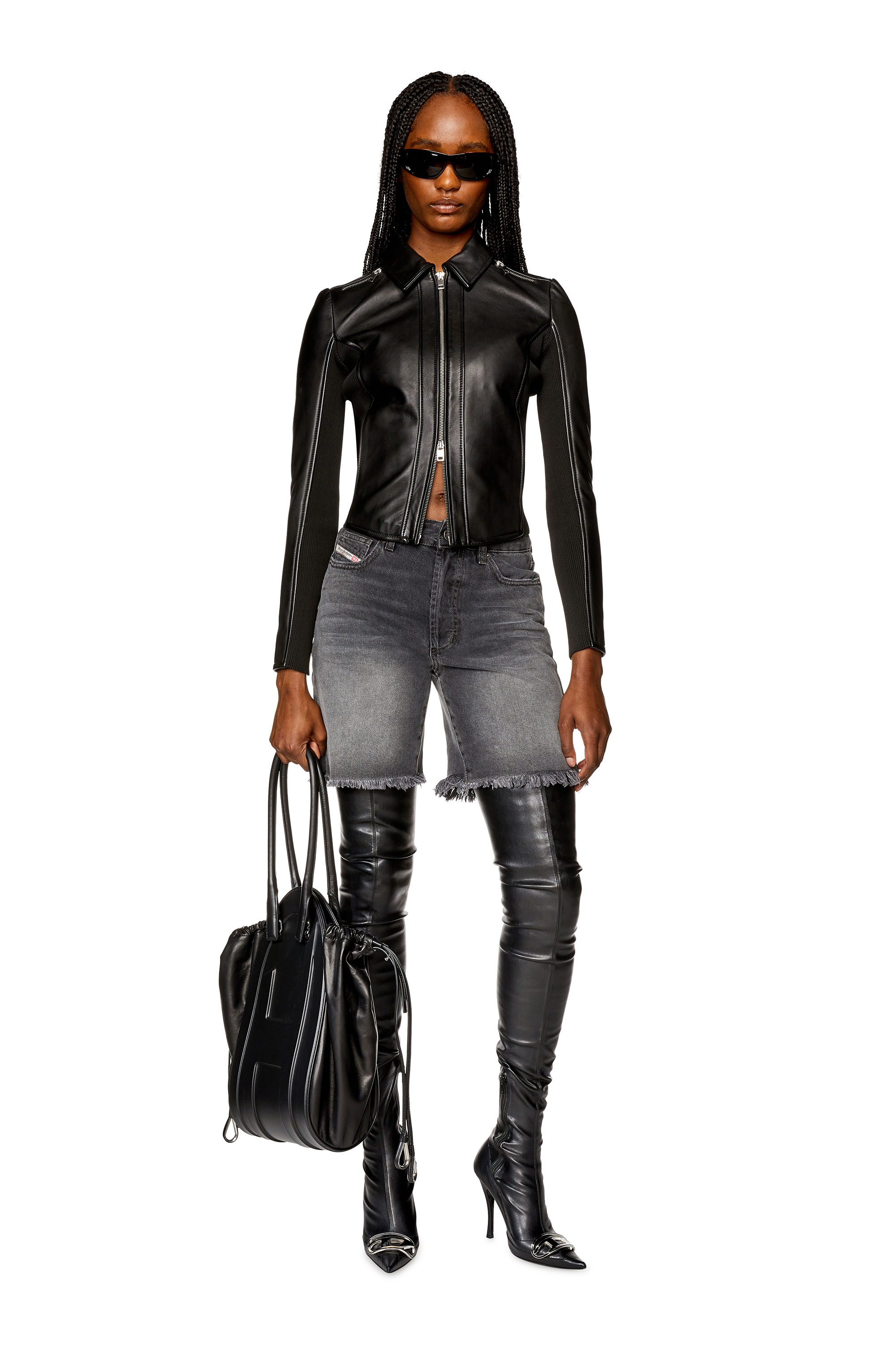 Diesel - L-SASK, Woman Leather biker jacket with rib panels in Black - Image 2