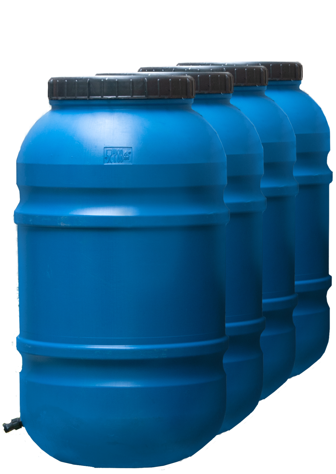 Four blue rain barrels