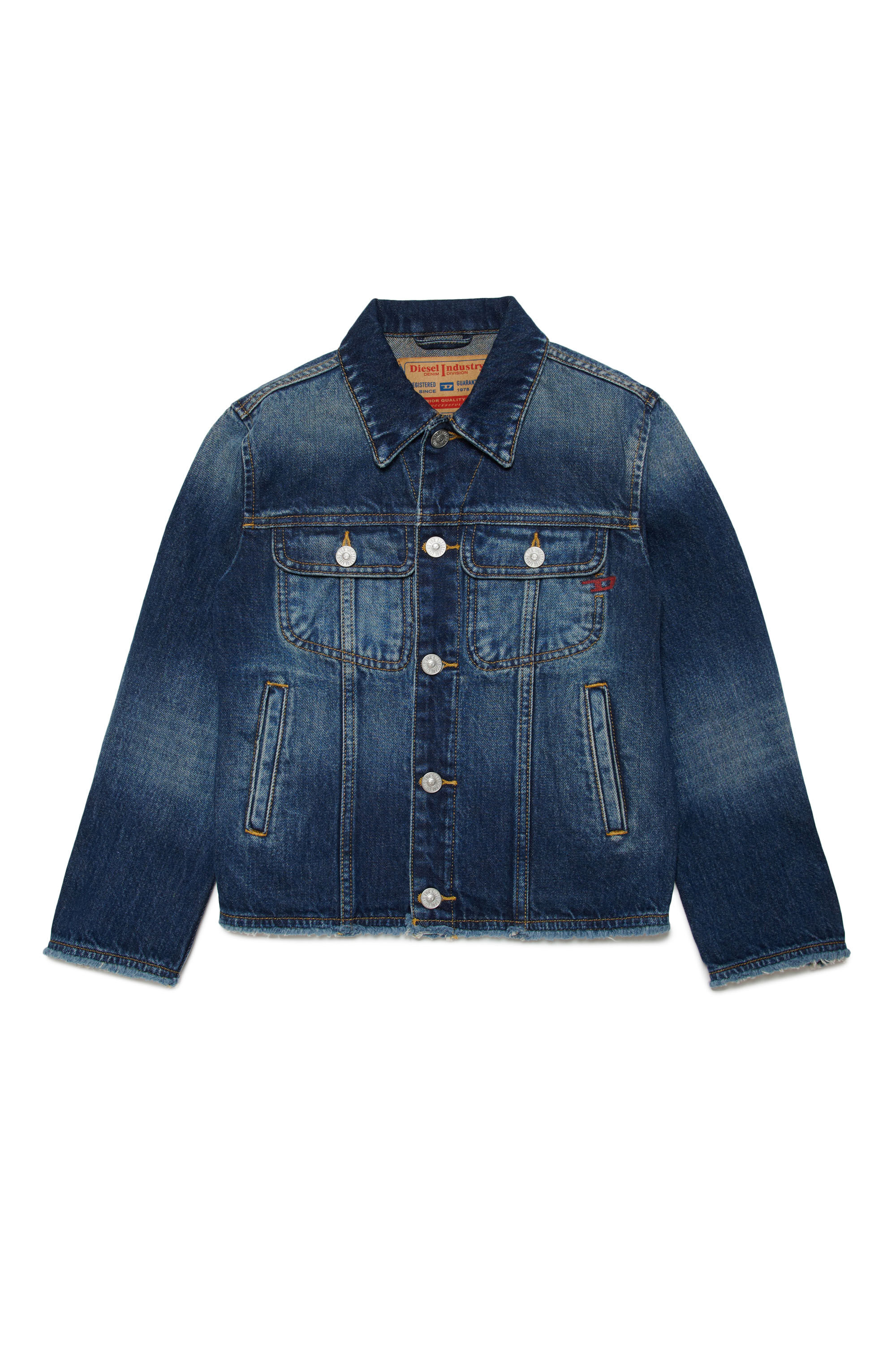 Diesel - JBARCY-J-S, Unisex Trucker jacket with frayed edges in Blue - Image 1