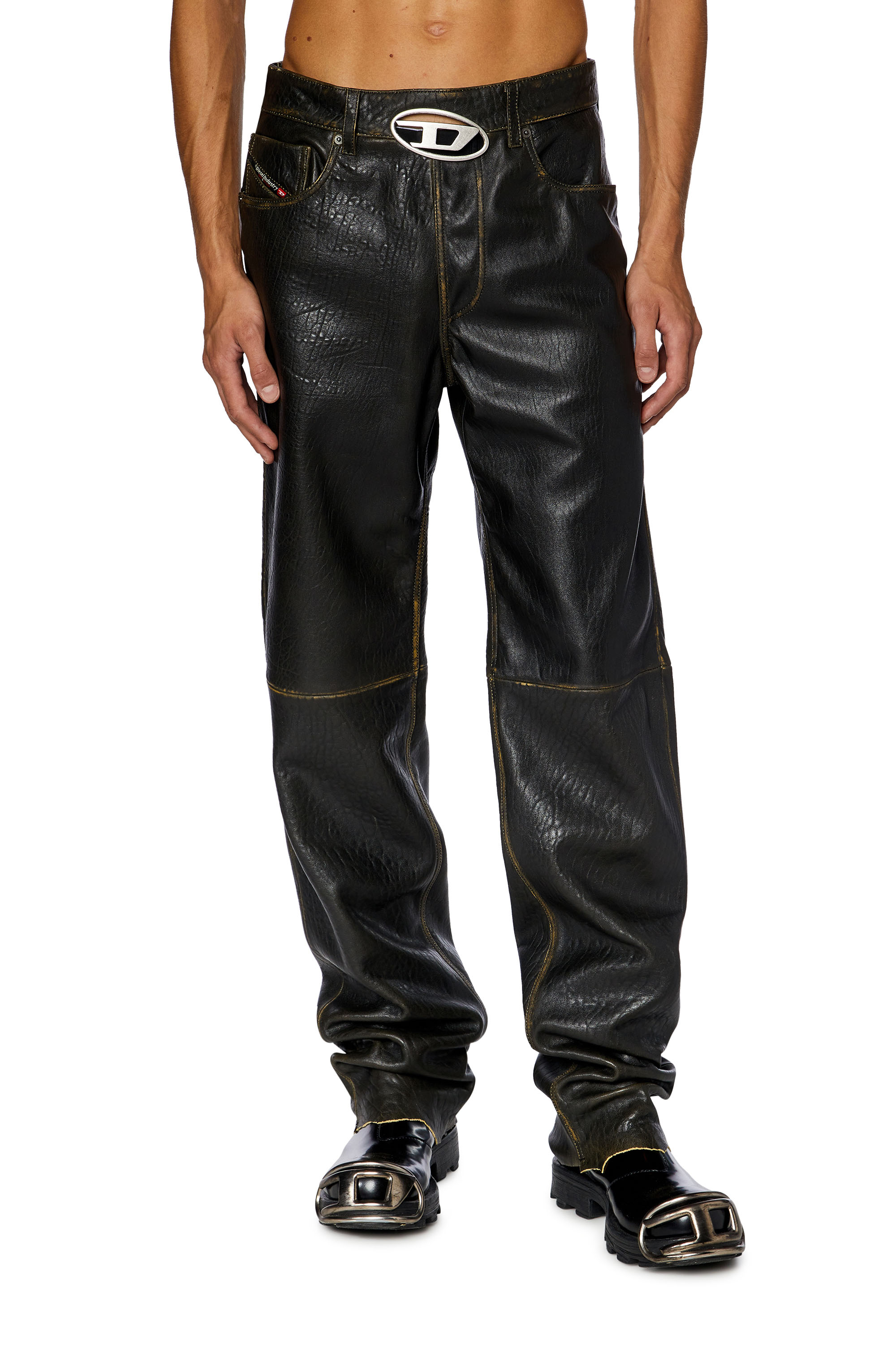 Diesel - P-KOOMAN, Man's Textured leather pants with logo cut-out in Brown - 1