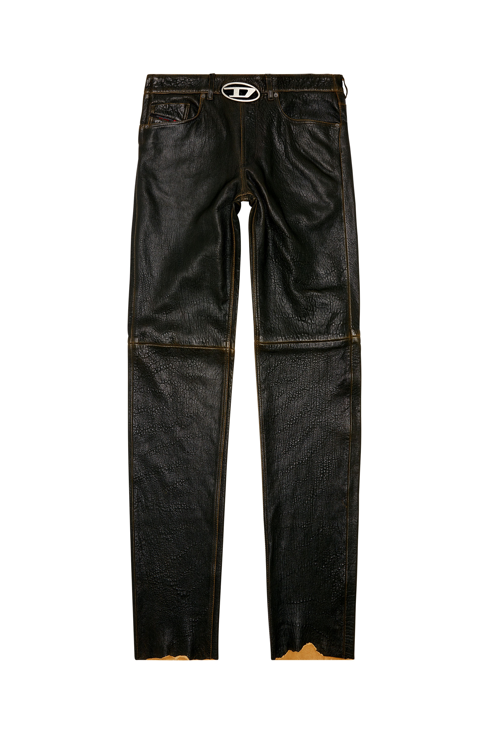 Diesel - P-KOOMAN, Man's Textured leather pants with logo cut-out in Brown - 3