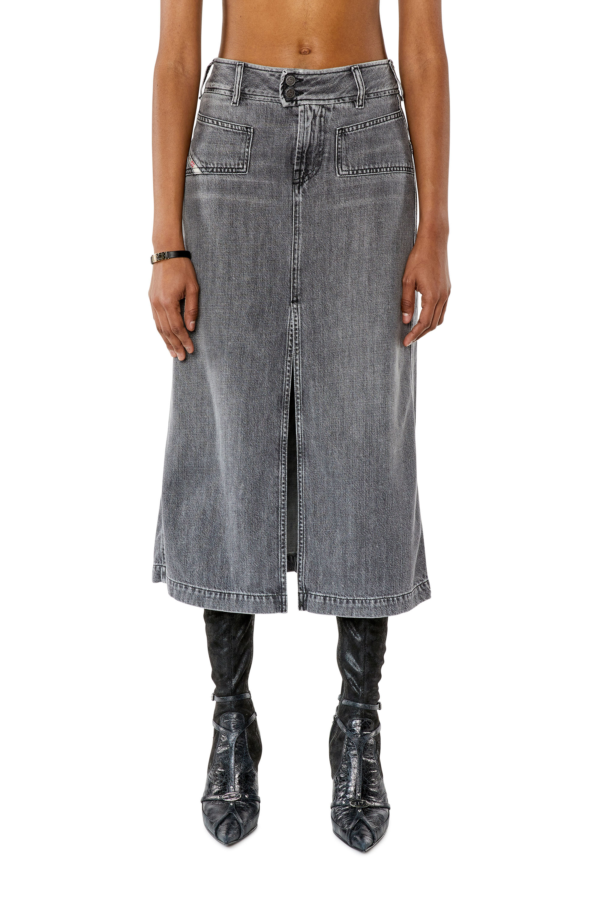 Diesel - DE-YINKA, Woman Denim midi skirt with slit in Grey - Image 1