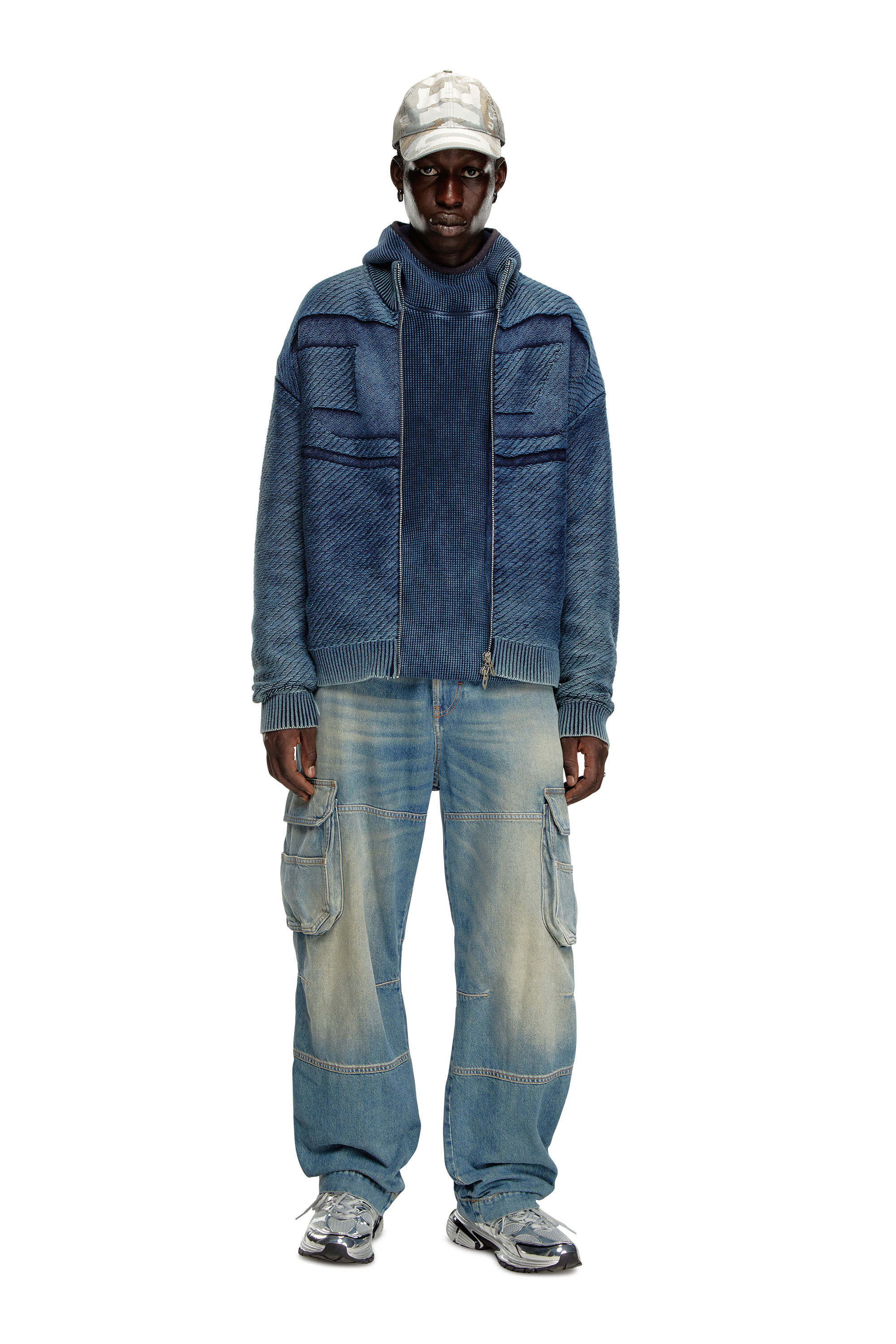 Diesel - K-KLEVERY-ZIP, Man's Denim-effect zip-up cardigan in cotton in Blue - 1