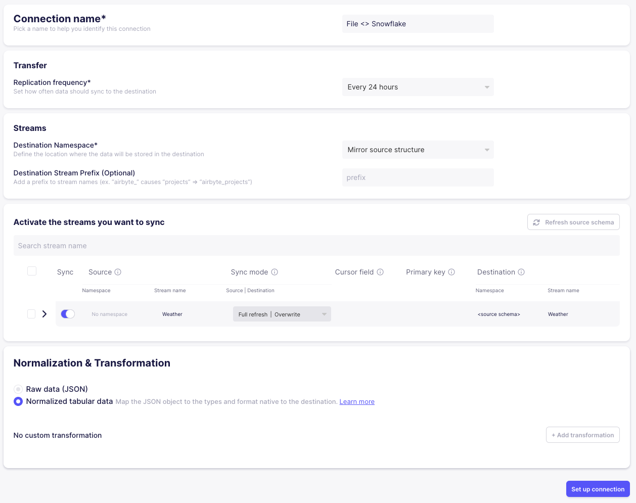 Setup details of Airbyte connection