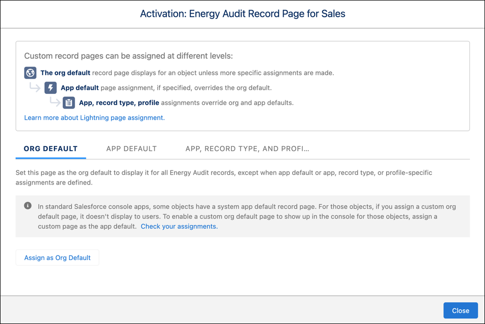 The Activation: energy Audit Record Page for Sales has three options: Org Default, App Default, and App, Record, Type and Profile.