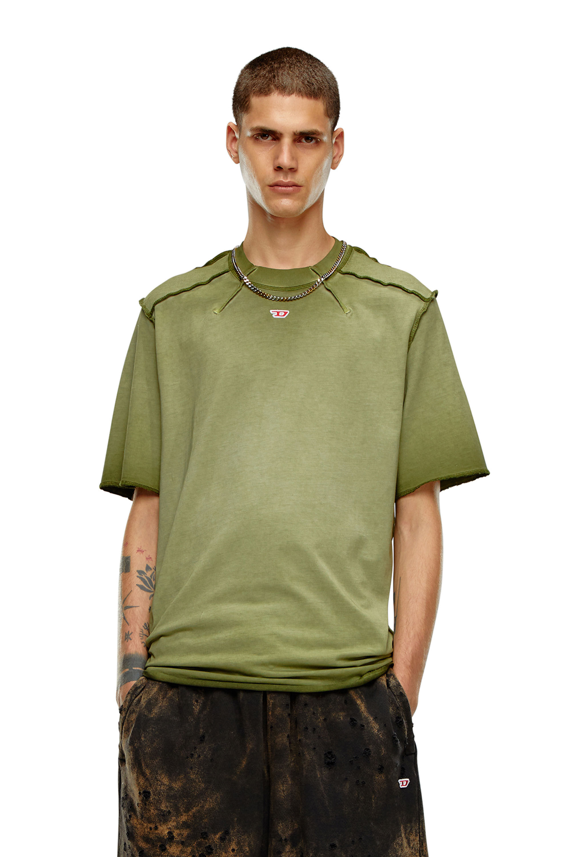 Diesel - T-ERIE-N, Man T-shirt with micro-waffle shoulders in Green - Image 3