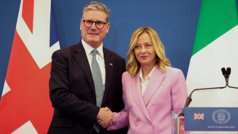 British Prime Minister Keir Starmer (L) and Italian Prime Minister Giorgia Meloni  shake hands at a press conference at Villa Doria Pamphilj in Rome, Italy on September 16, 2024.