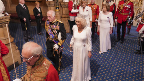 King Charles III and Queen Camilla arrive for the State Opening of Parliament in the House of Lords, at the Palace of Westminster in London, Wednesday, July 17, 2024.