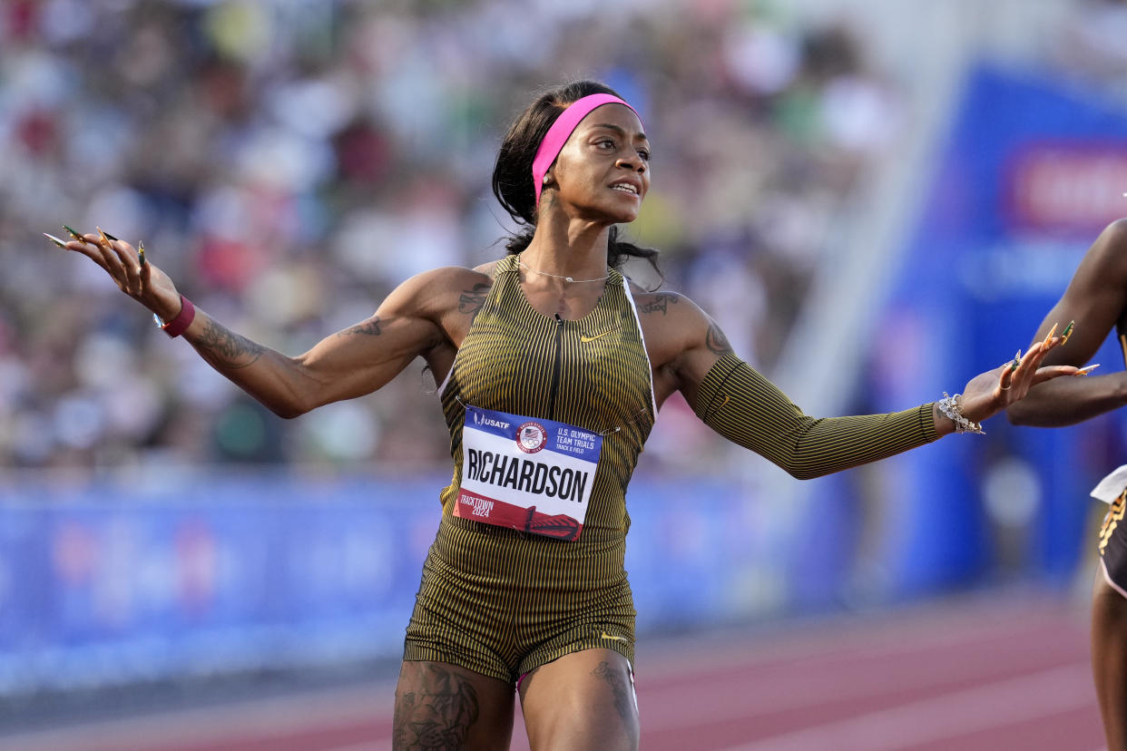 Sha'Carri Richardson wins a women's 100-meter run semi-final during the U.S. Track and Field Olympic Team Trials Saturday, June 22, 2024, in Eugene, Ore. (AP Photo/George Walker IV)