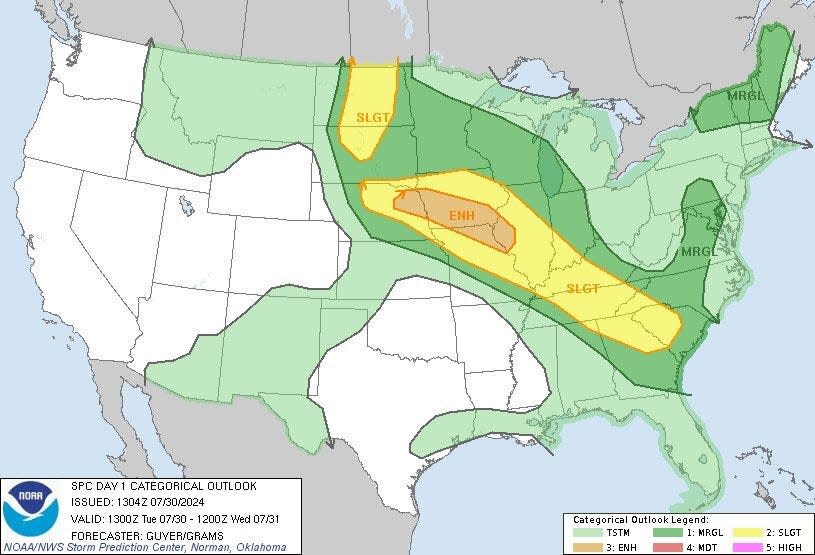 The National Weather Service warned of the risk of severe thunderstorms beginning Tuesday afternoon in parts of the Midwest and northern Plains.