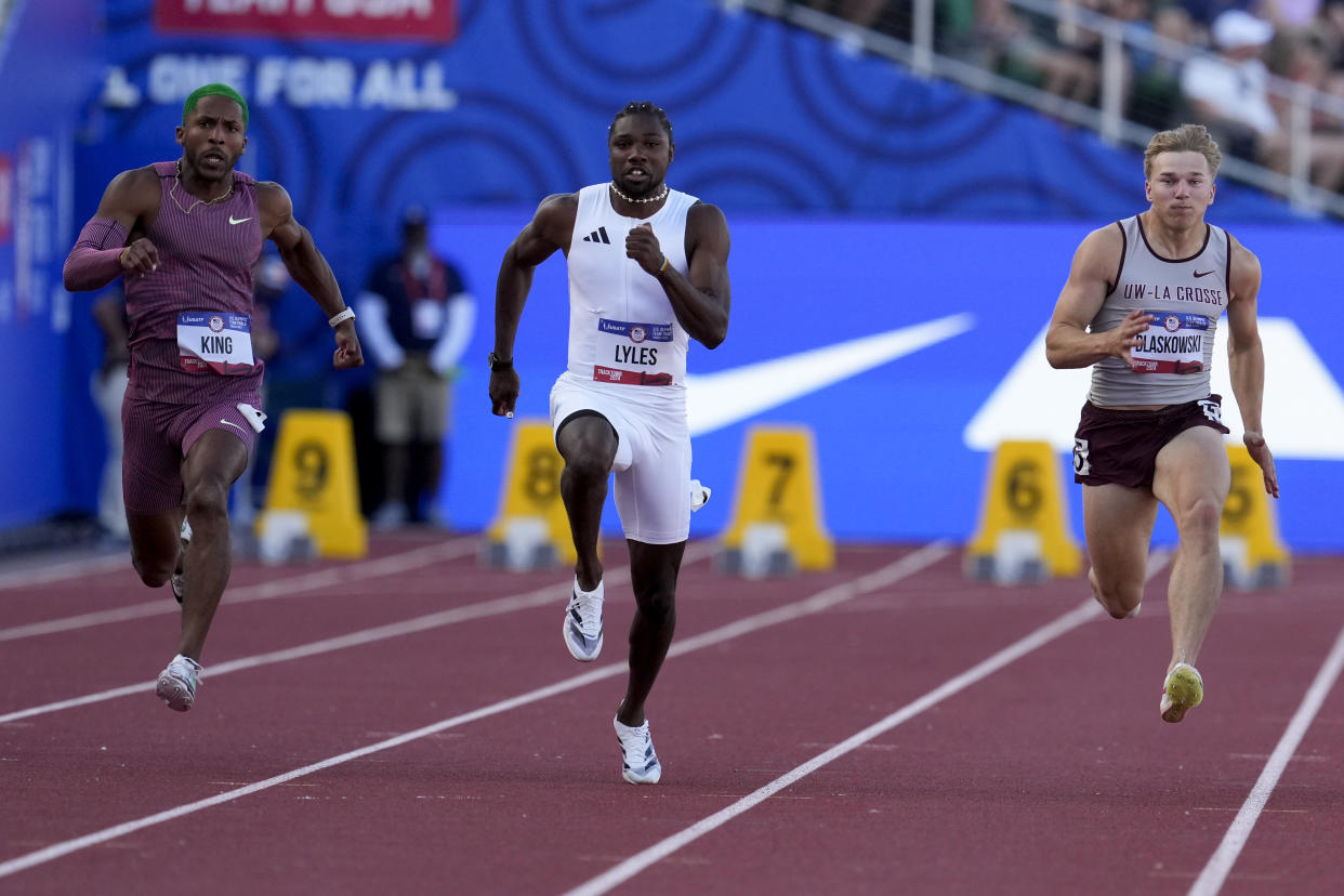 Noah Lyles wins a heat in the the men's 100-meter run during the U.S. Track and Field Olympic Team Trials Saturday, June 22, 2024, in Eugene, Ore. (AP Photo/George Walker IV)