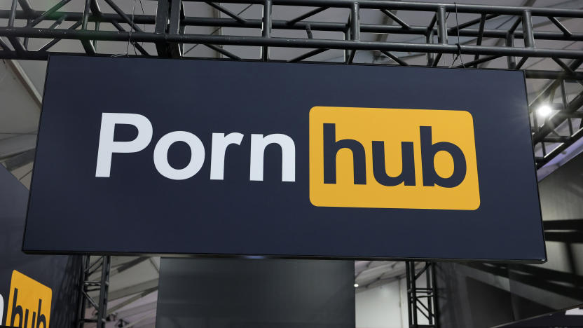 LAS VEGAS, NEVADA - JANUARY 24: A sign hangs at the Pornhub booth at the 2024 AVN Adult Entertainment Expo at Resorts World Las Vegas on January 24, 2024 in Las Vegas, Nevada. (Photo by Ethan Miller/Getty Images)