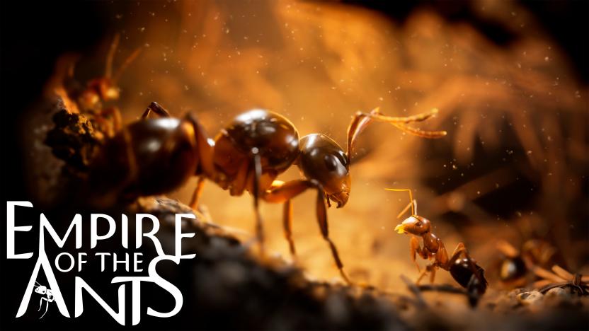 Key image for the upcoming RTS game Empire of the Ants. A large (queen?) ant stands face-to-face in profile with a small (worker?) ant. Photorealistic art.