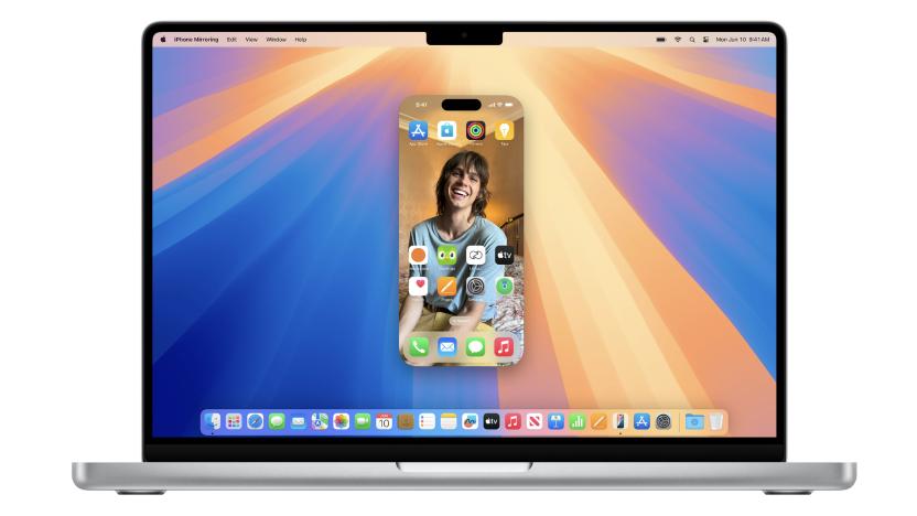 A MacBook showing an iPhone mirrored onto the desktop.