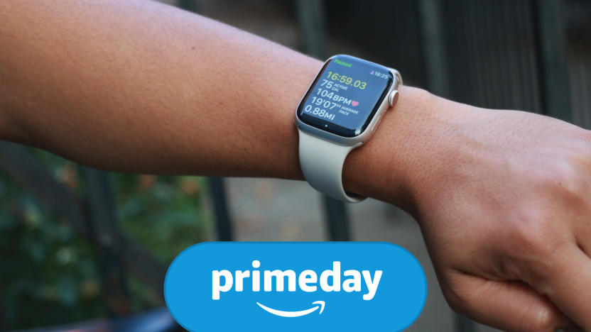 A person wears the Apple Watch Series 8 on their wrist. Workout data is displayed on the screen. Engadget's Prime Day logo is at the bottom of the image. 