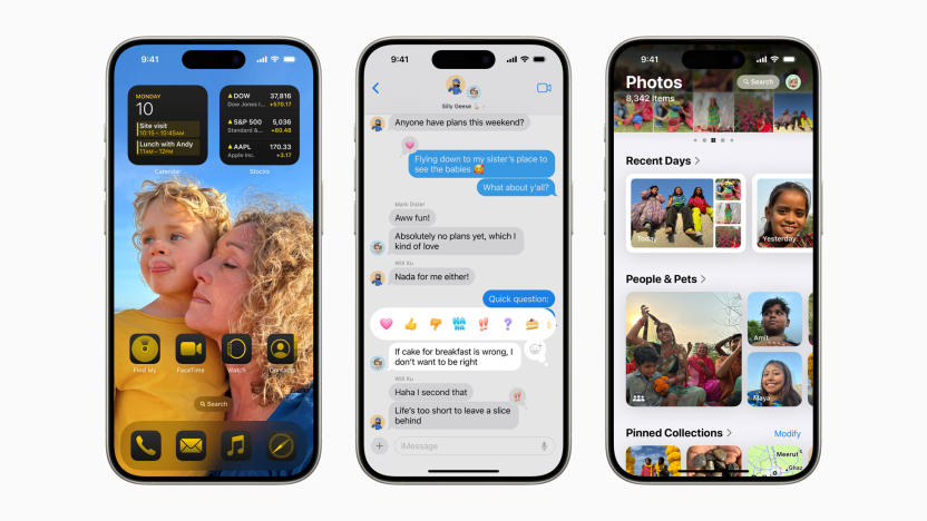 Three iPhones in a row, showcasing new iOS 18 features. From left to right, they are the new customizable home page, Tapback reactions in Messages and the redesigned Photos app.