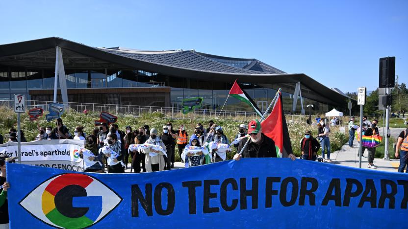 MOUNTAIN VIEW, CALIFORNIA - MAY 14: Pro-Palestinian protesters are blocked the Google I/O developer conference entrance to protest Google's Project Nimbus and Israeli attacks on Gaza and Rafah, at its headquarters in Mountain View, California, United States on May 14, 2024. Project Nimbus is a cloud computing project of the Israeli government and its military. (Photo by Tayfun Coskun/Anadolu via Getty Images)