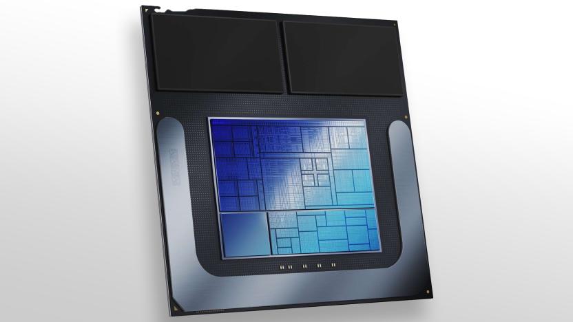 Marketing image of an Intel silicon chip against a gray gradient background.