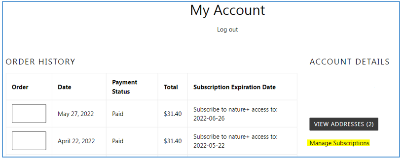 Nature+ My Account overview page with Manage Subscriptions link highlighted