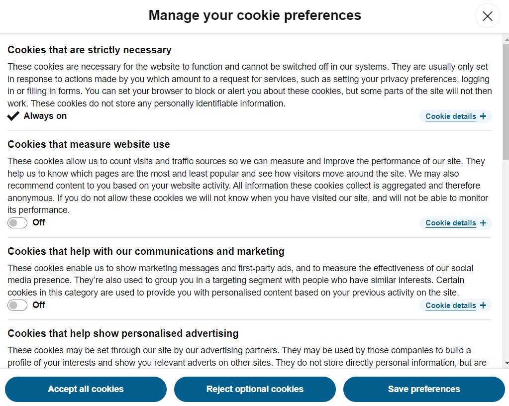 The 'Manage your cookie preferences' page explains necessary cookies before offering Off/On radio buttons for different types of optional cookies.