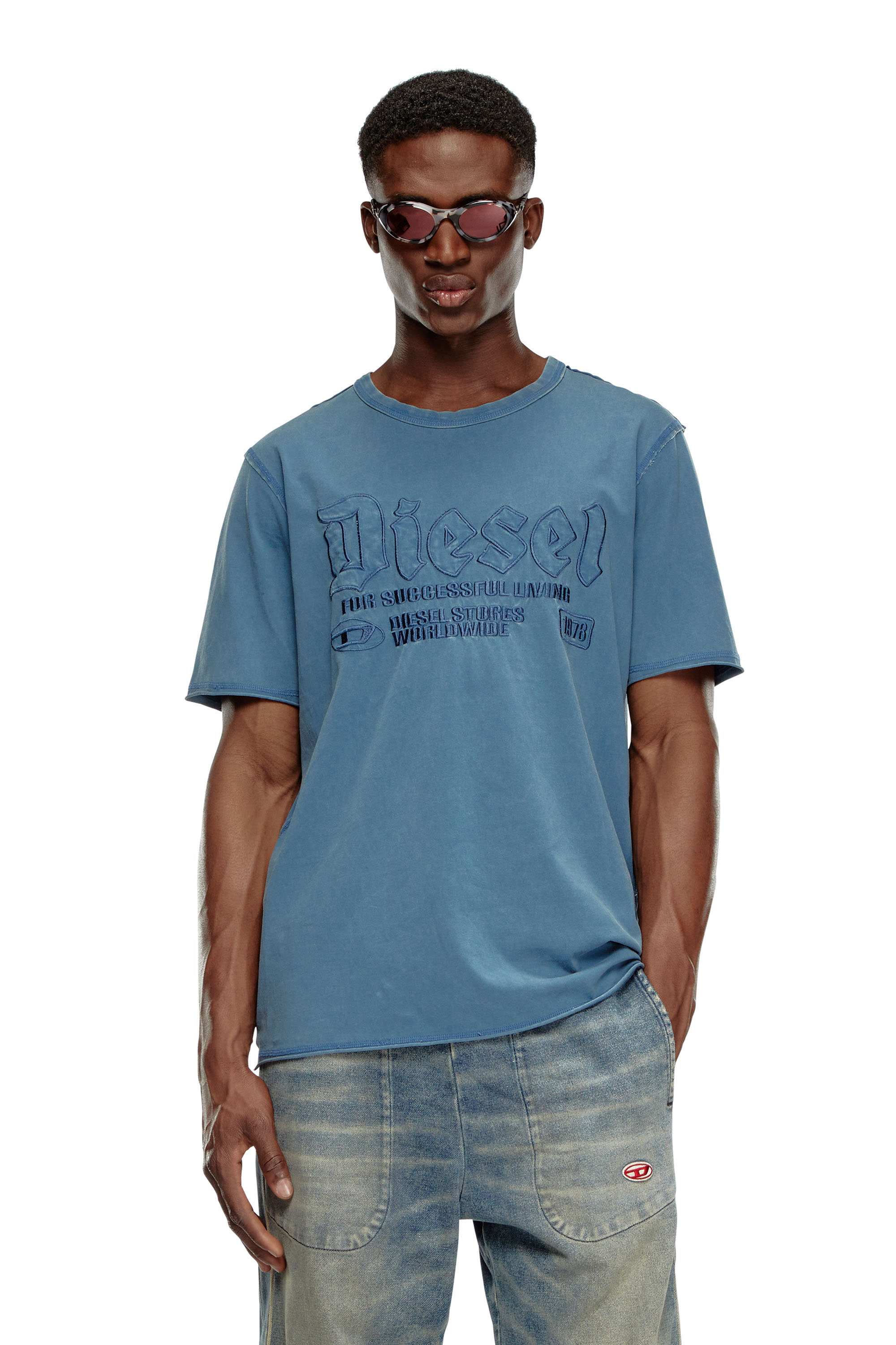 Diesel - T-RAWJUST, Man's Faded T-shirt with tonal embroidery in Blue - 1