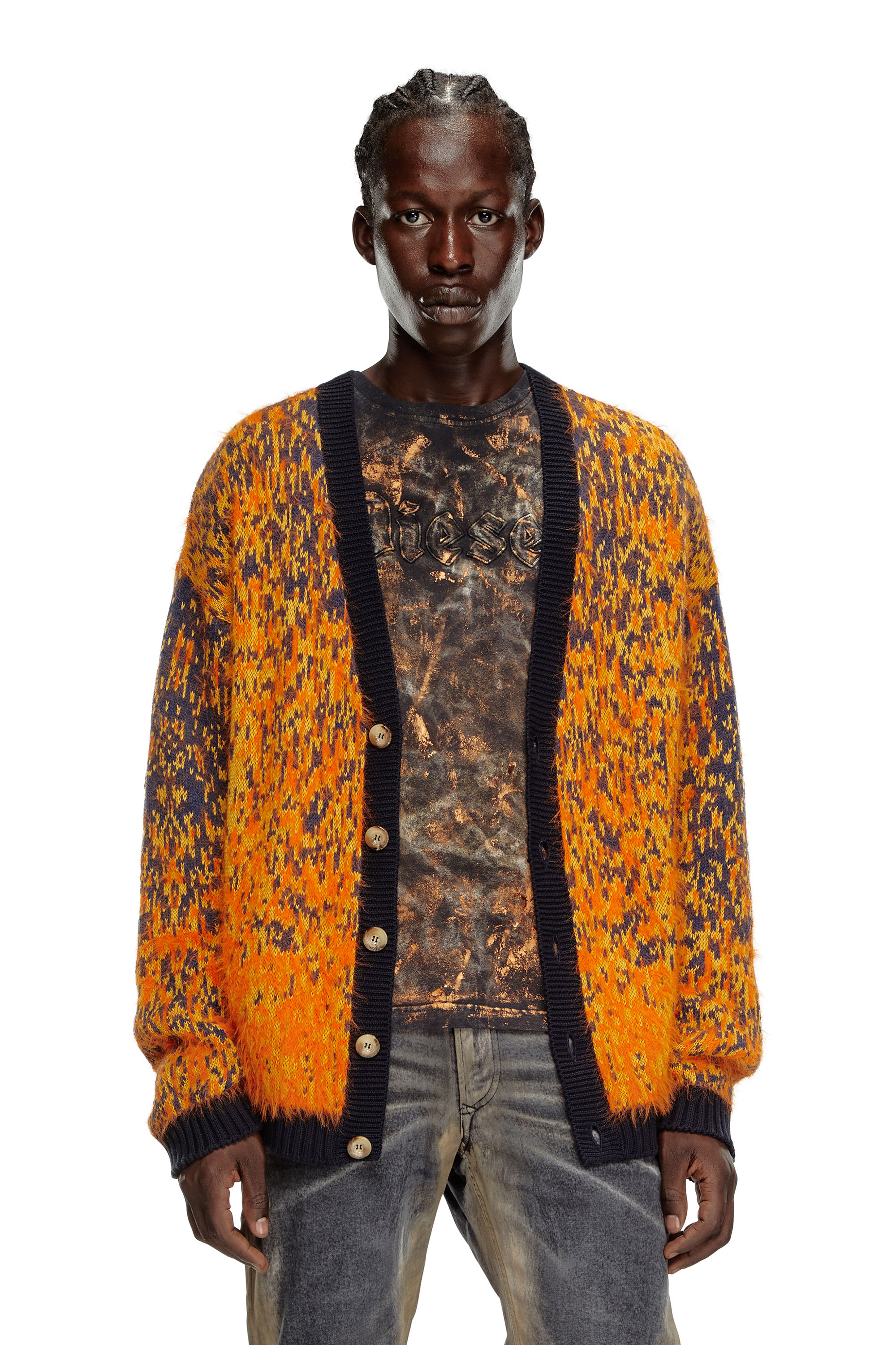 Diesel - K-RANGER, Man's Fuzzy cardigan with abstract pattern in Orange - 1