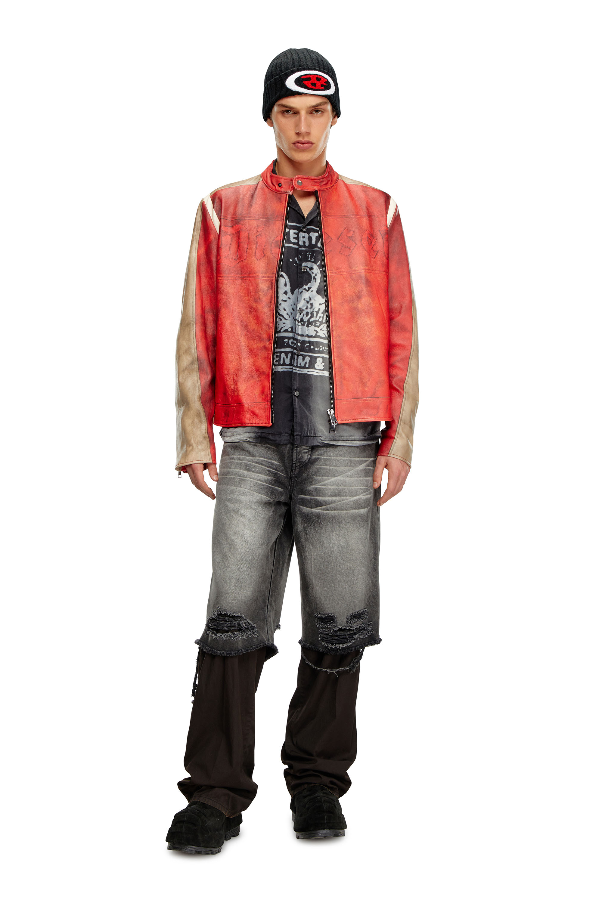 Diesel - L-RUSCHA, Man's Dirty-effect leather biker jacket in Red - 2