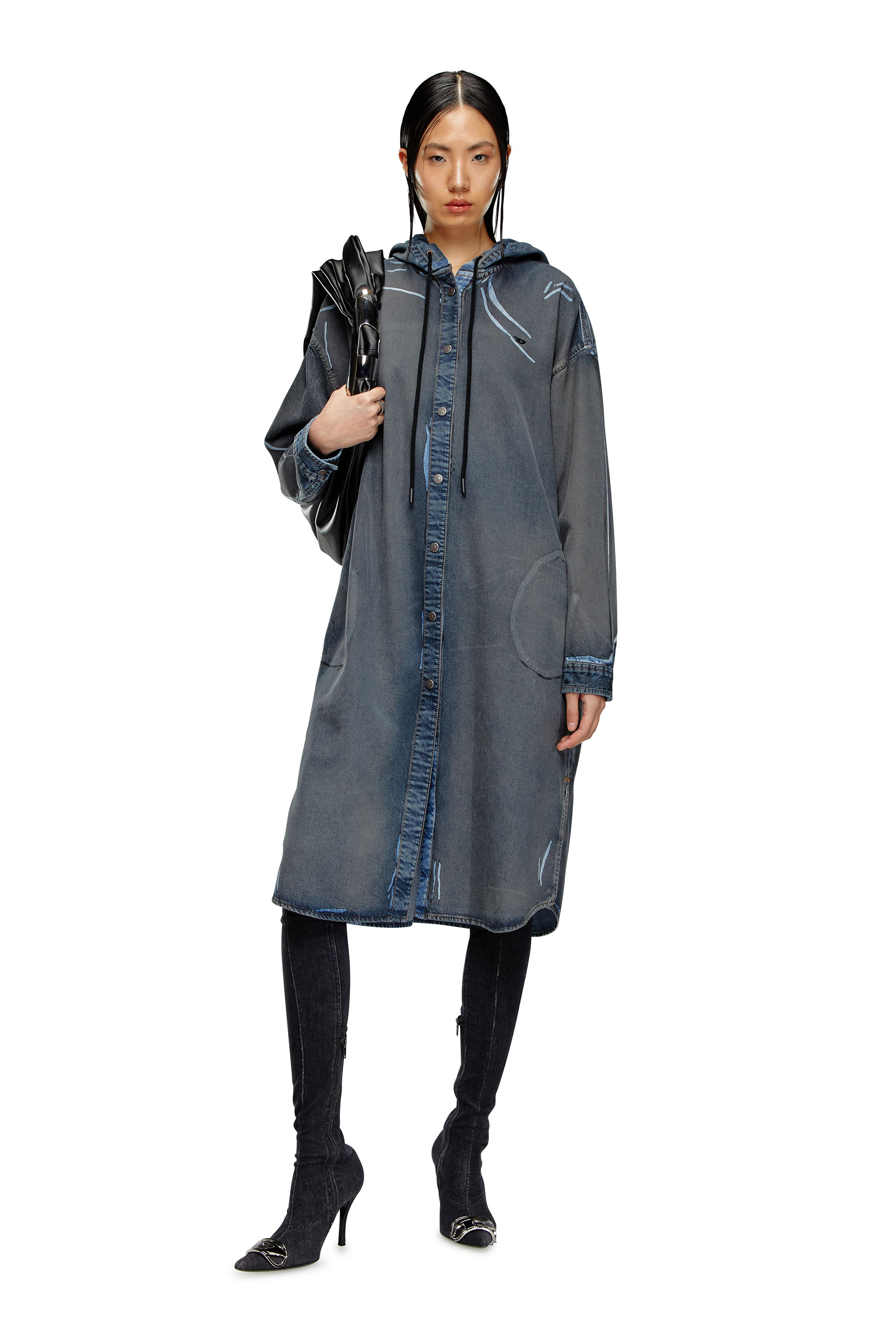 Diesel - DE-DALIS-HOOD-S, Woman Shirt dress in worn-effect coated denim in Blue - Image 1