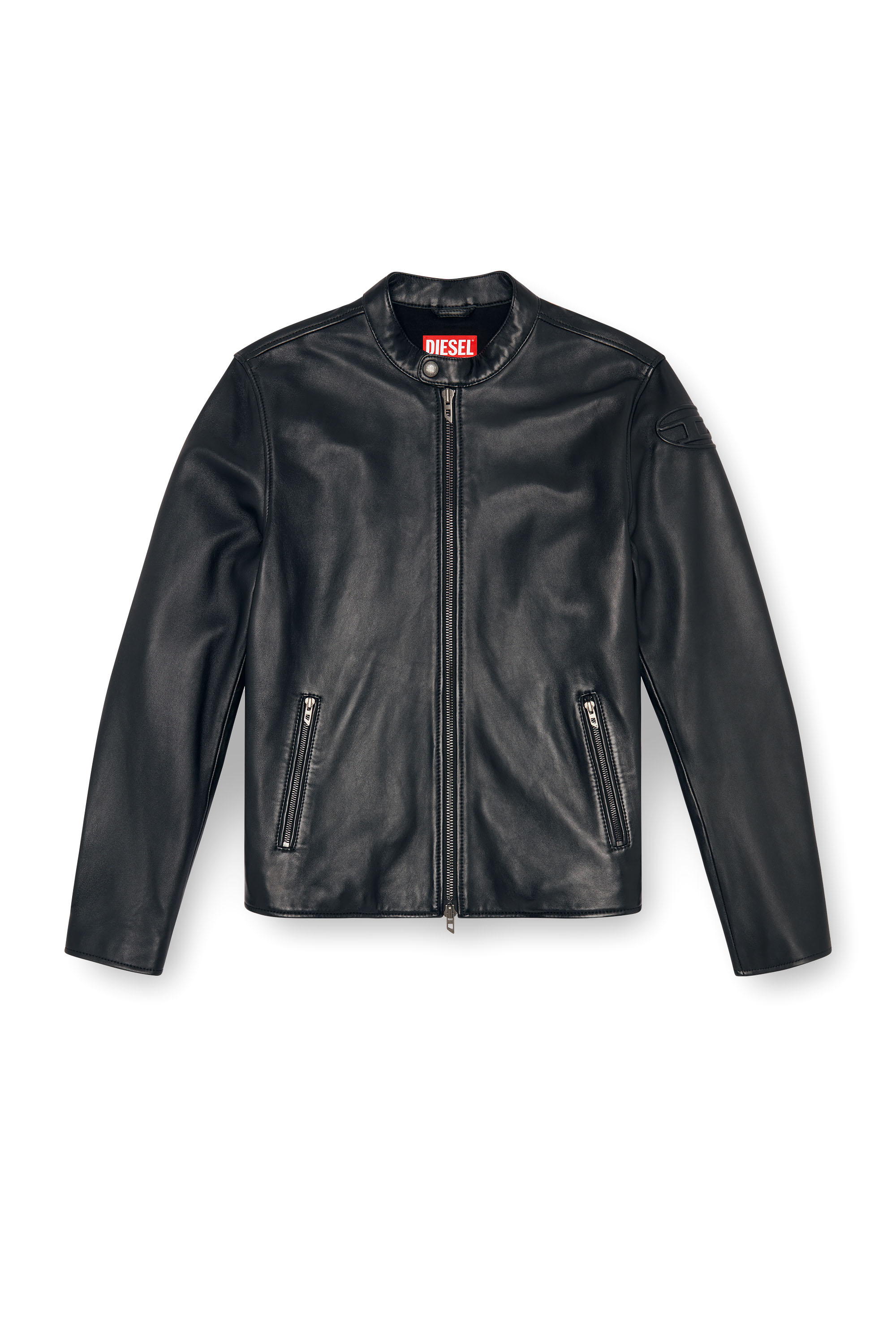 Diesel - L-CARVER, Man's Leather biker jacket with embossed logo in Black - 3