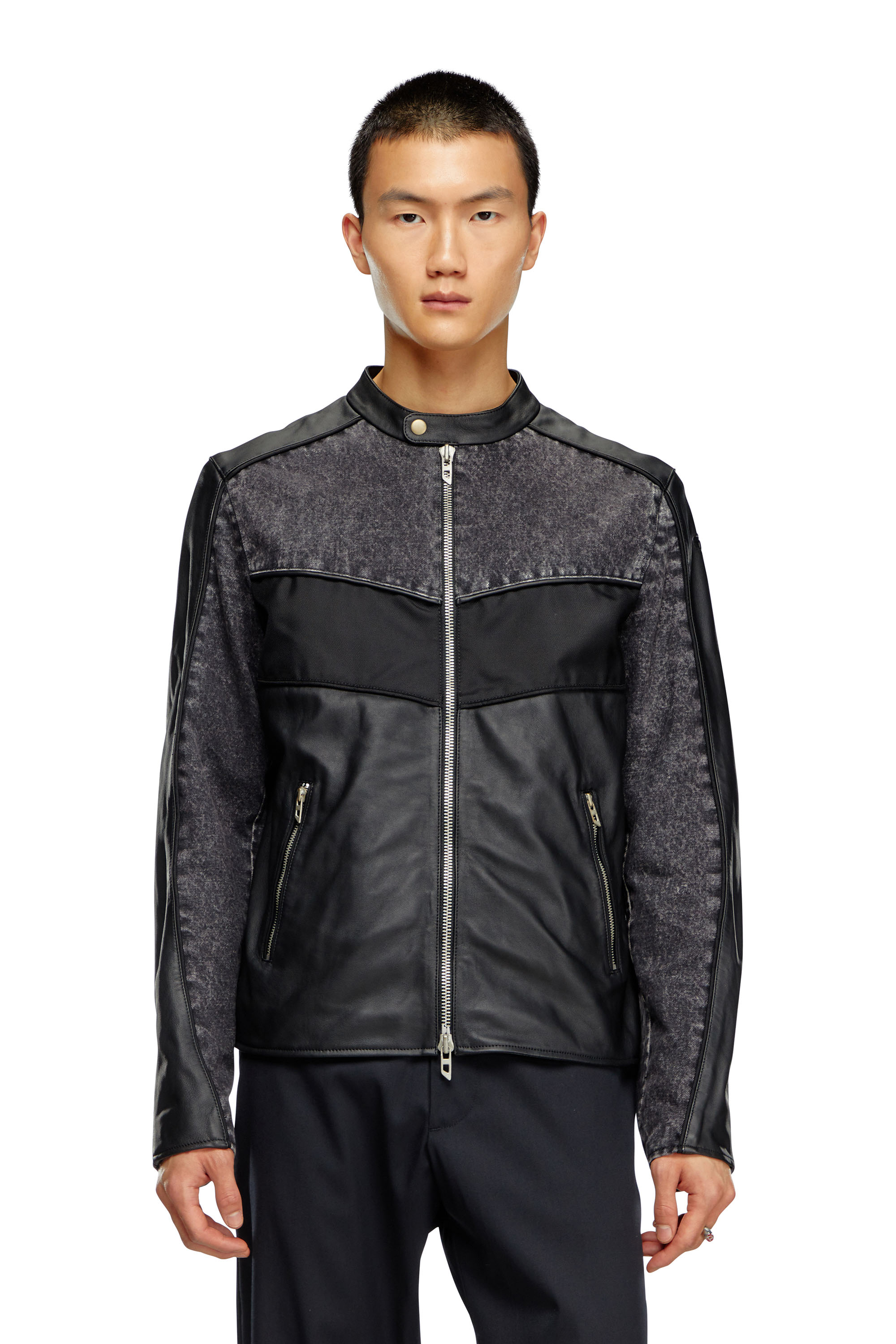 Diesel - L-LEOPOL, Man's Denim and shell-panelled leather jacket in Black - 6