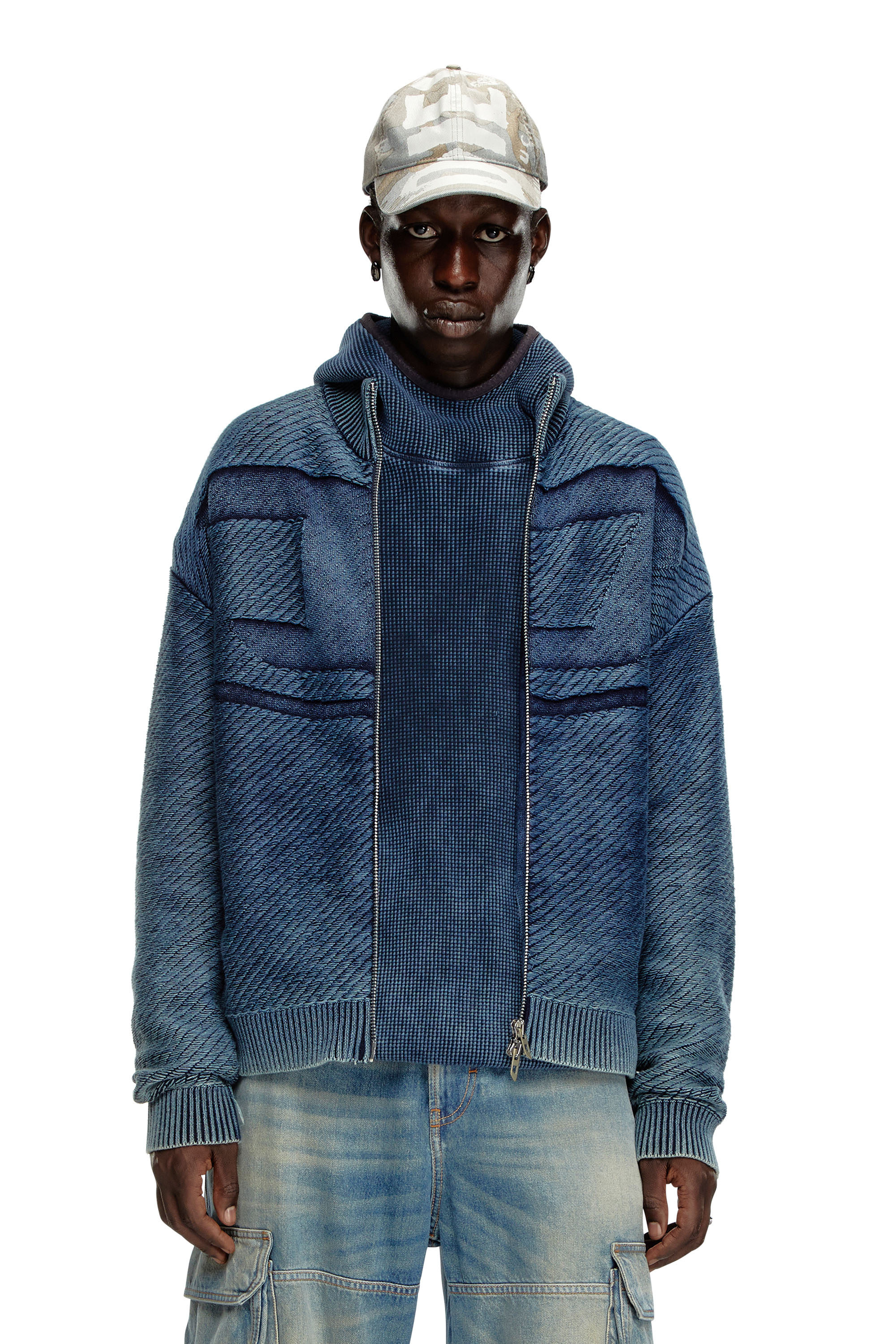 Diesel - K-KLEVERY-ZIP, Man's Denim-effect zip-up cardigan in cotton in Blue - 1