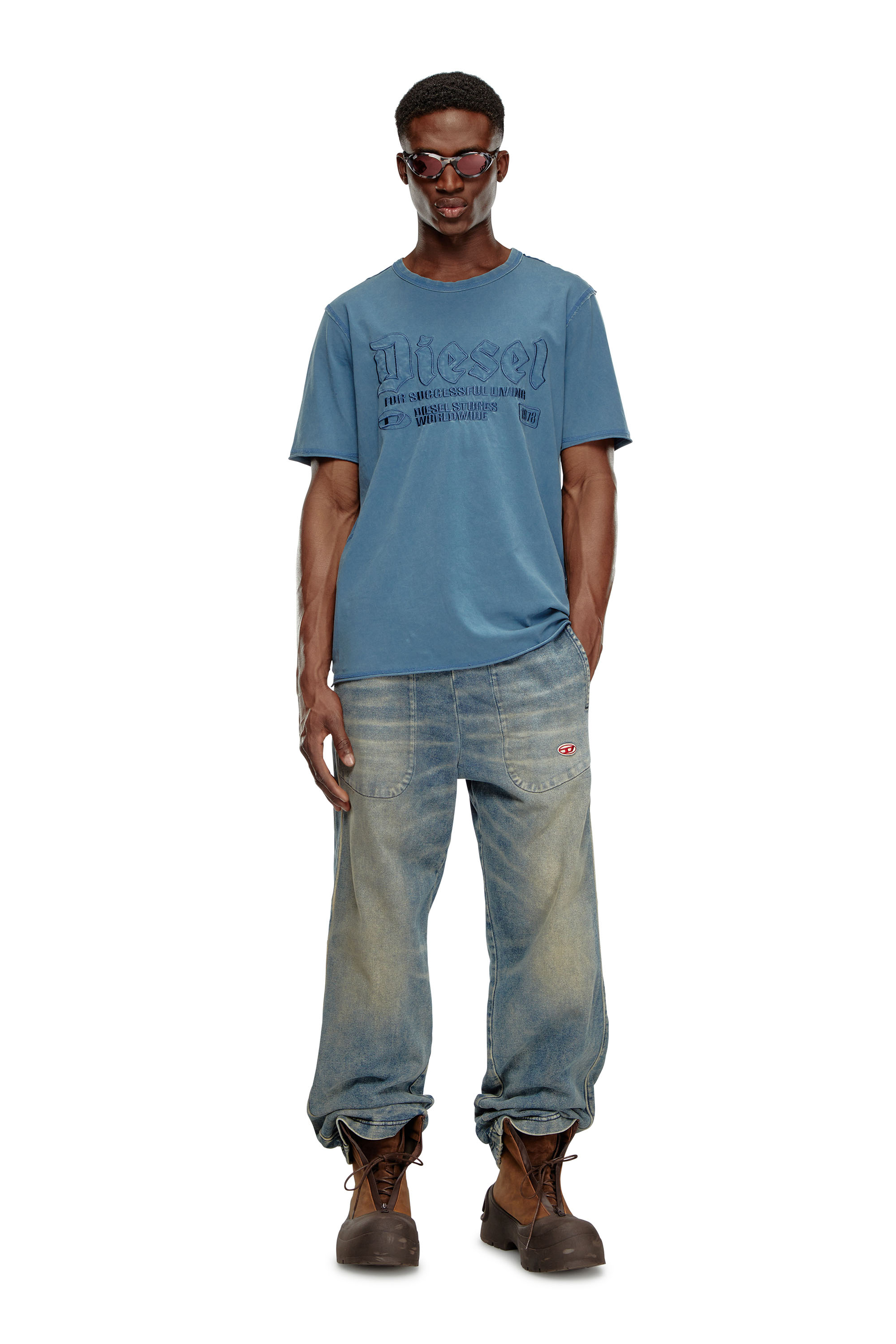 Diesel - T-RAWJUST, Man's Faded T-shirt with tonal embroidery in Blue - 2