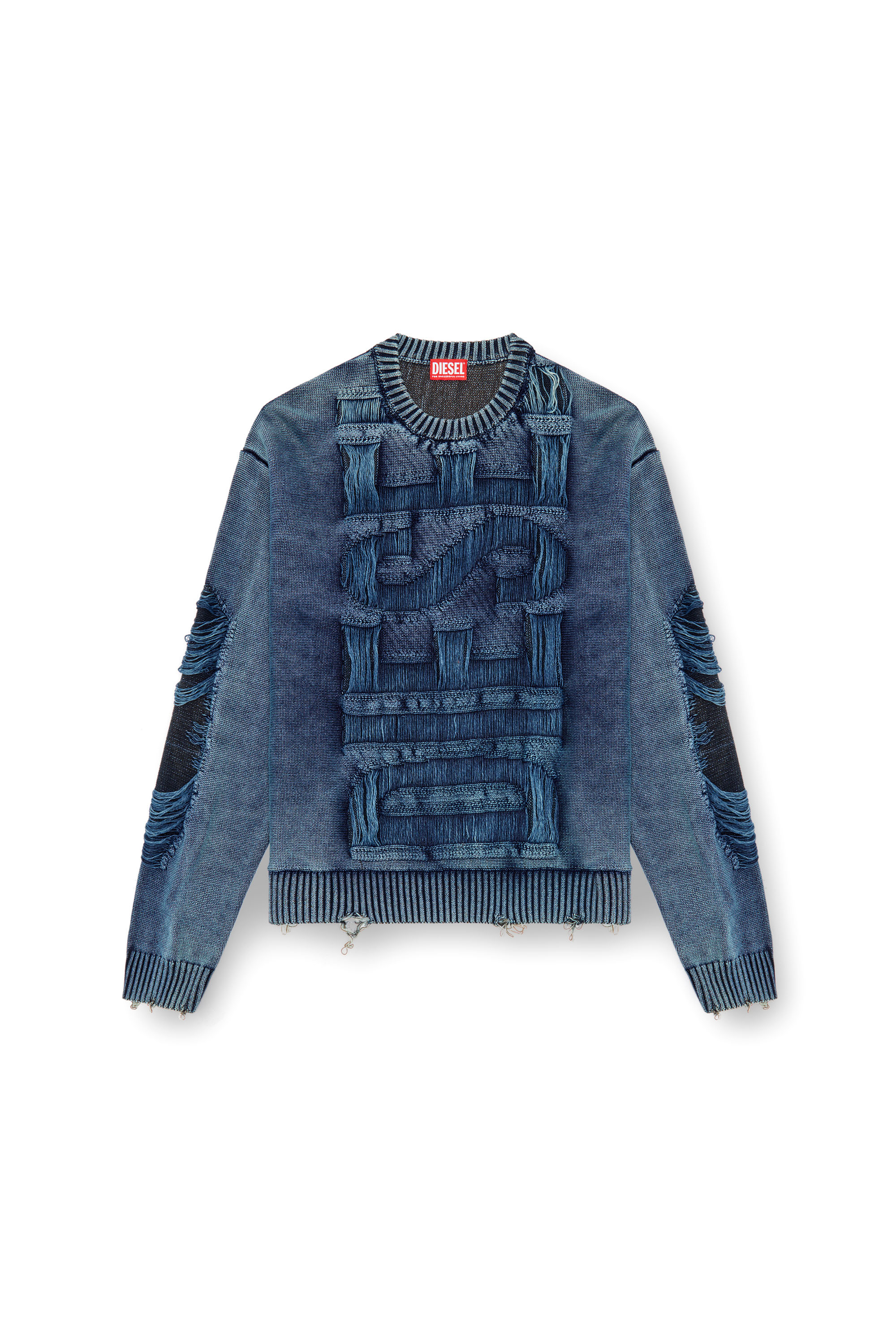 Diesel - K-ROTTISSIMO, Man's Destroyed jumper with floating yarn logo in Blue - 3