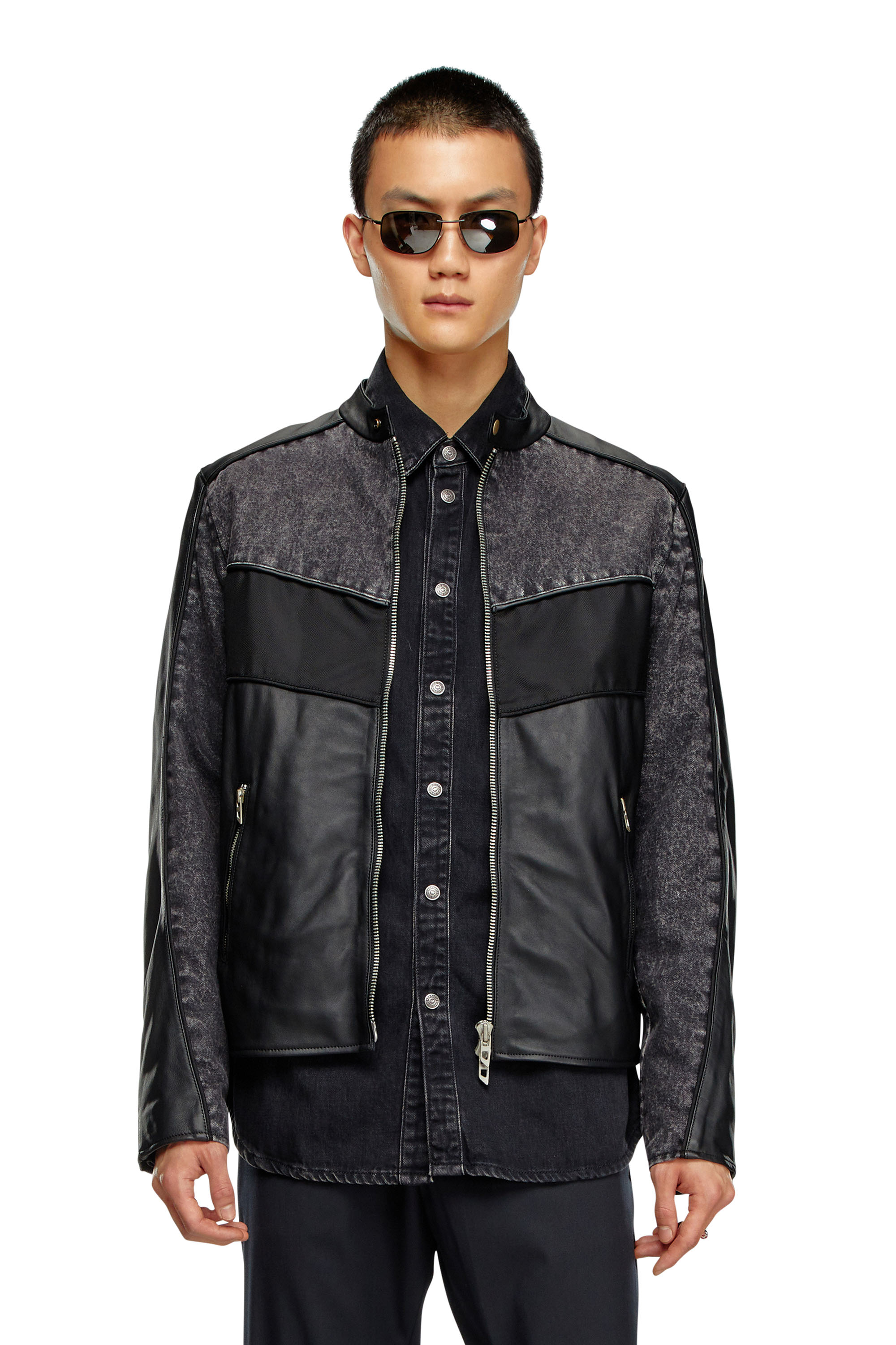 Diesel - L-LEOPOL, Man's Denim and shell-panelled leather jacket in Black - 1