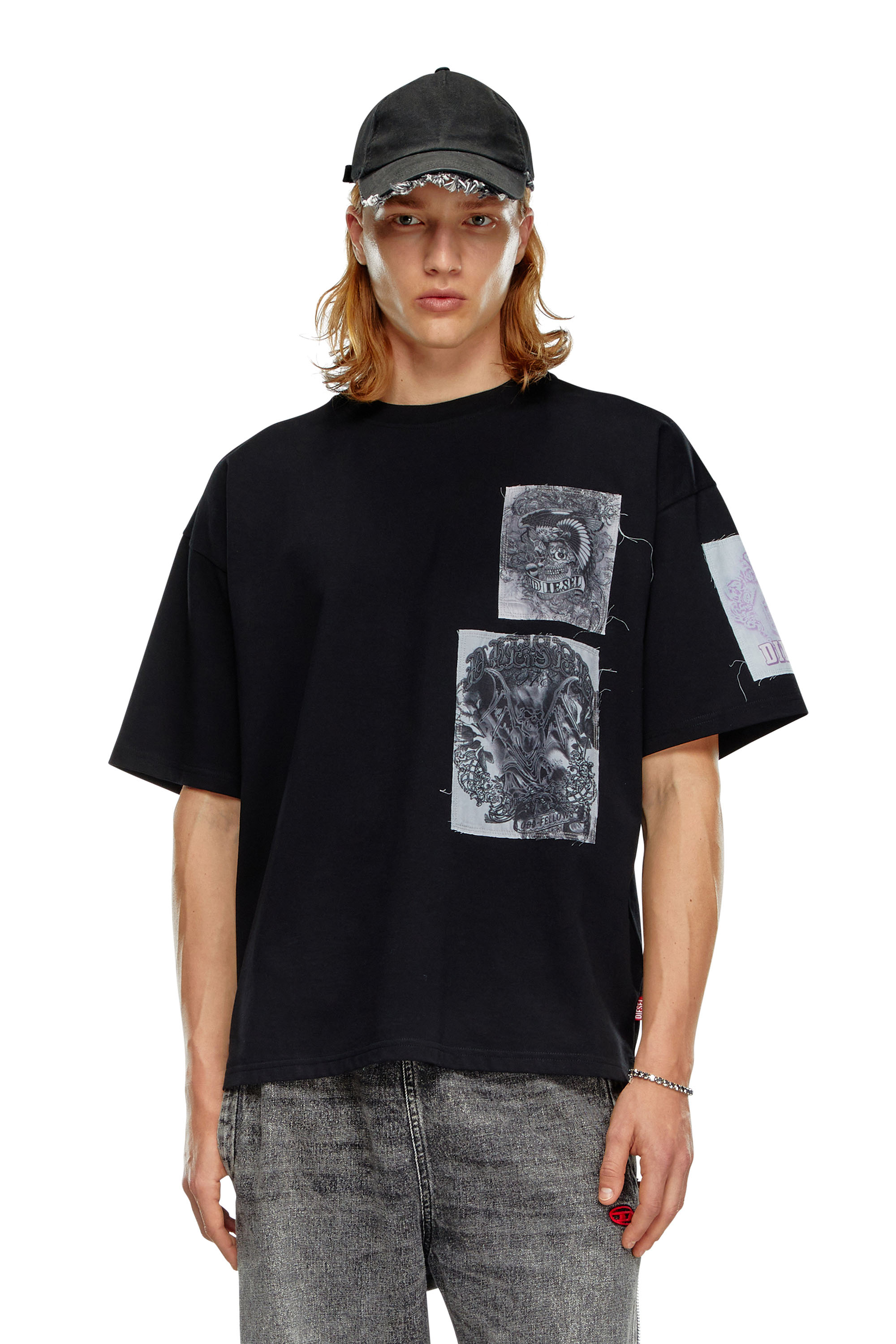 Diesel - T-BOXT-SLITS-Q10, Man's T-shirt with raw-cut printed patches in Black - 1