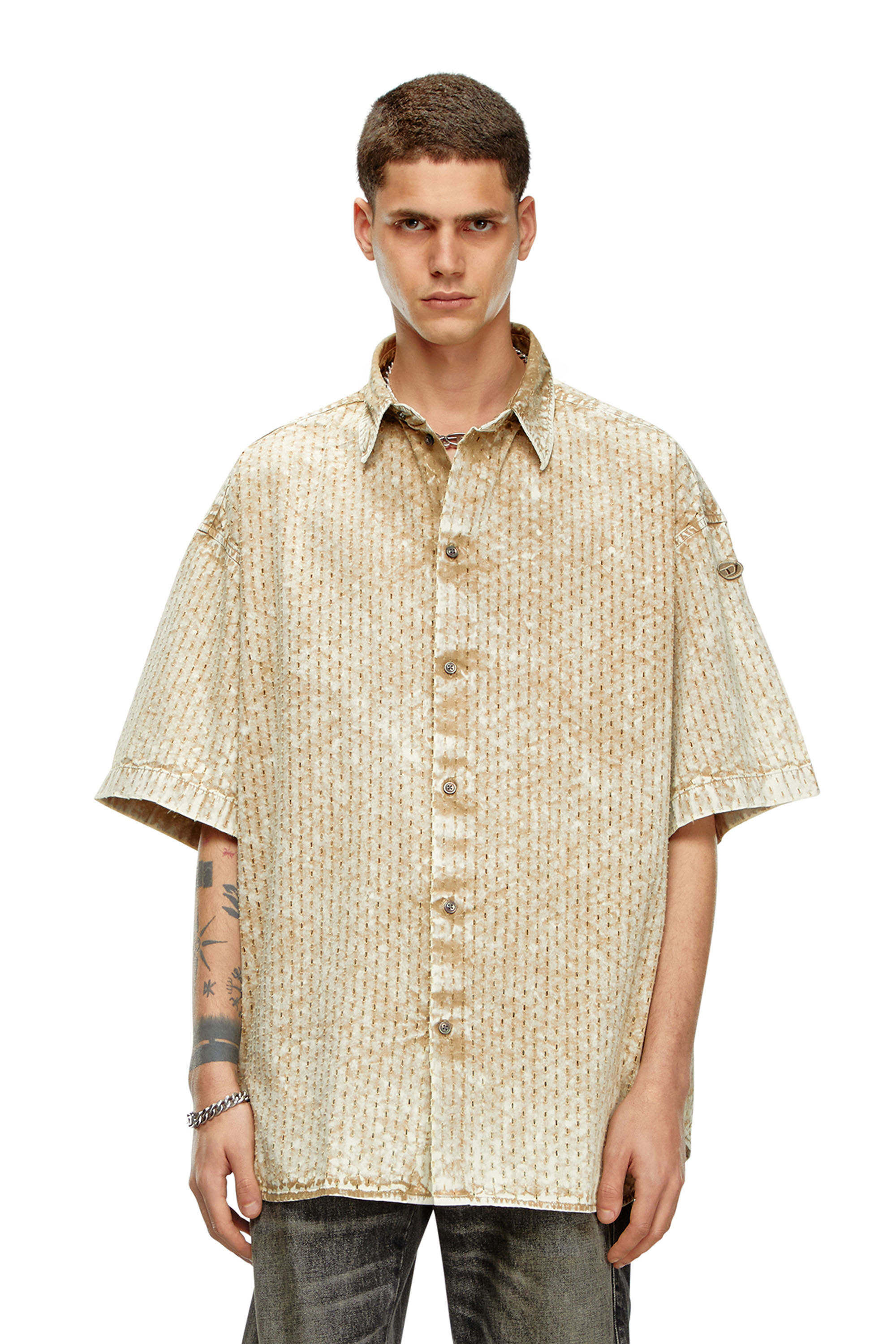 Diesel - S-LAZER, Man Perforated acid-wash short-sleeve shirt in Brown - Image 3