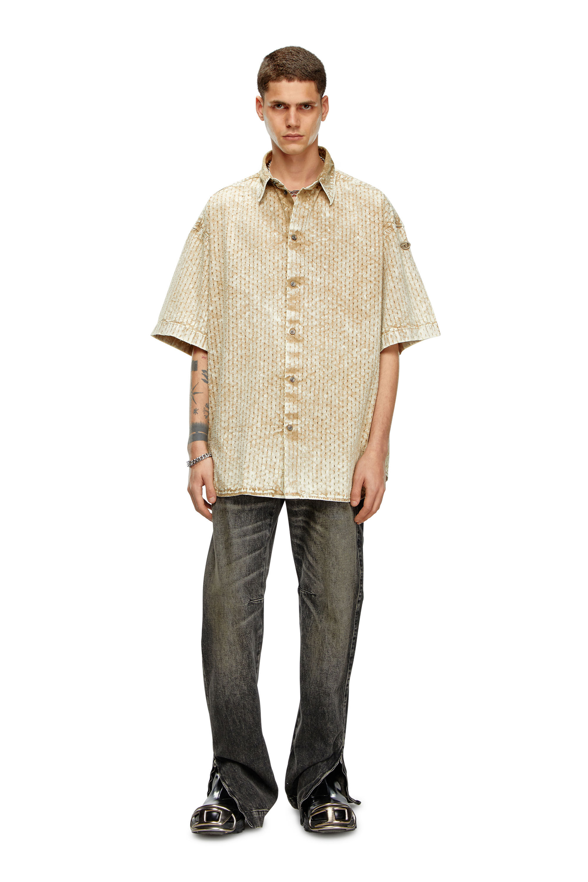Diesel - S-LAZER, Man Perforated acid-wash short-sleeve shirt in Brown - Image 1