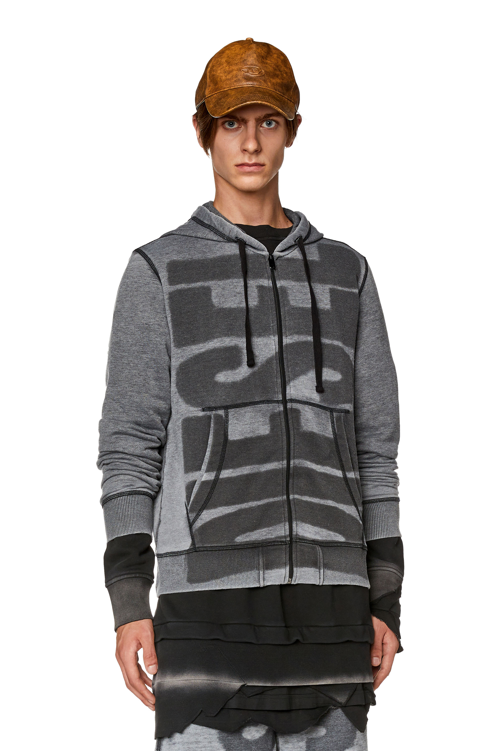 Diesel - S-GINN-HOOD-ZIP-L1, Man Burnout zip-up hoodie with logo in Black - Image 1