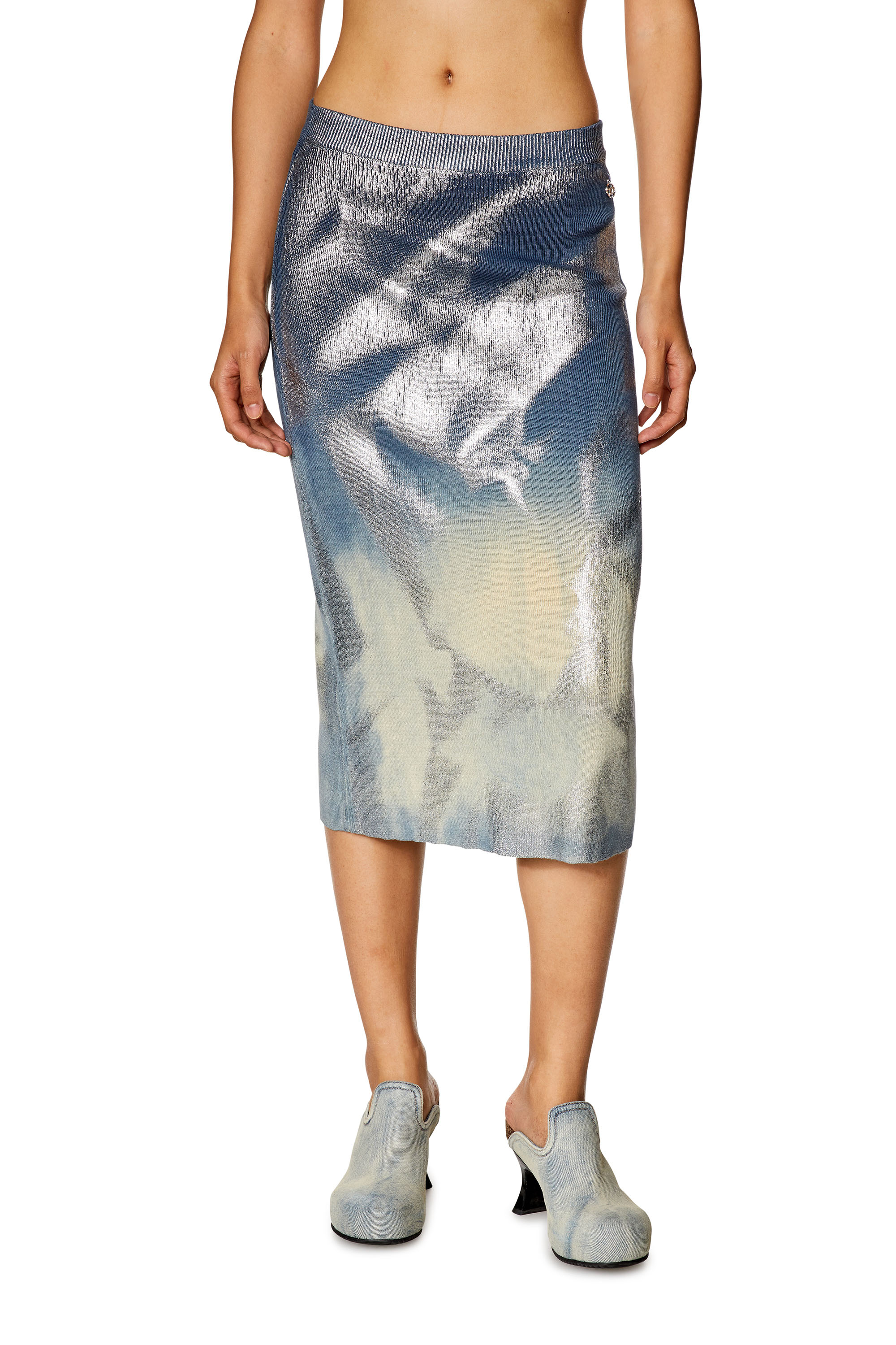 Diesel - M-ILAN, Woman Knit pencil skirt with metallic effects in Blue - Image 1