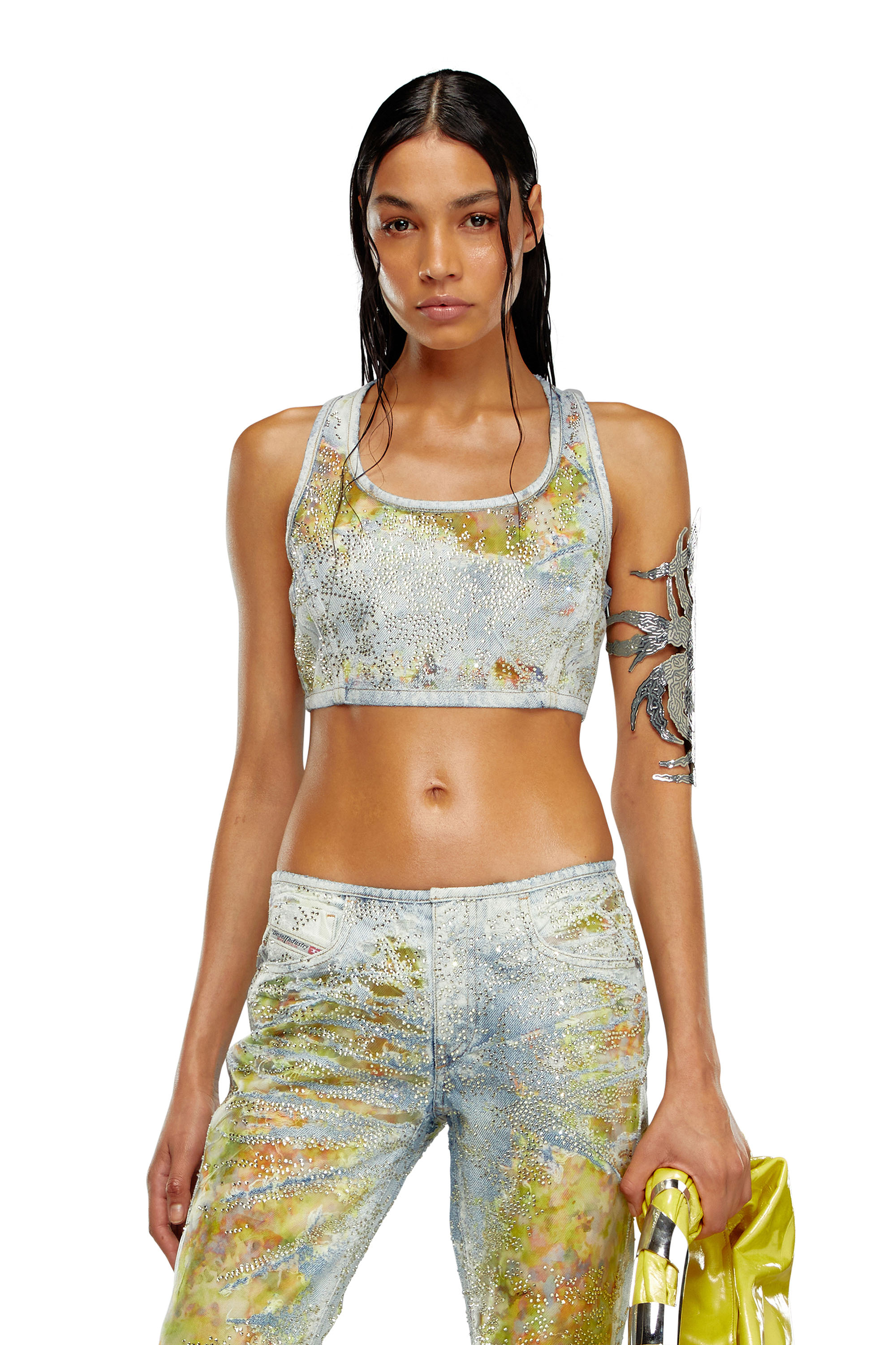 Diesel - DE-DETOP-FSE, Woman Cropped top in flower devoré denim in Blue - Image 1