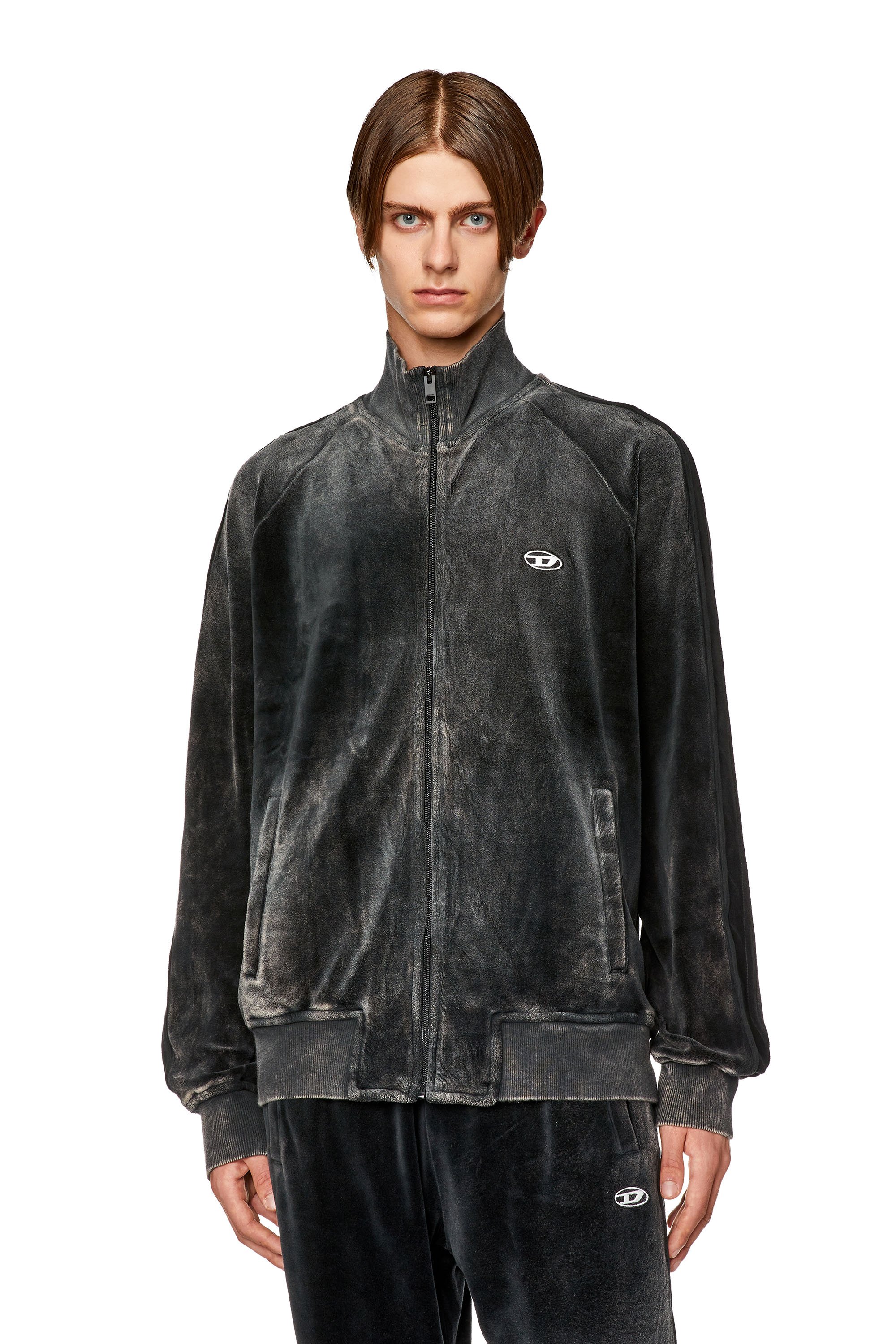 Diesel - S-RABAND, Man Chenille track jacket with mock neck in Black - Image 1