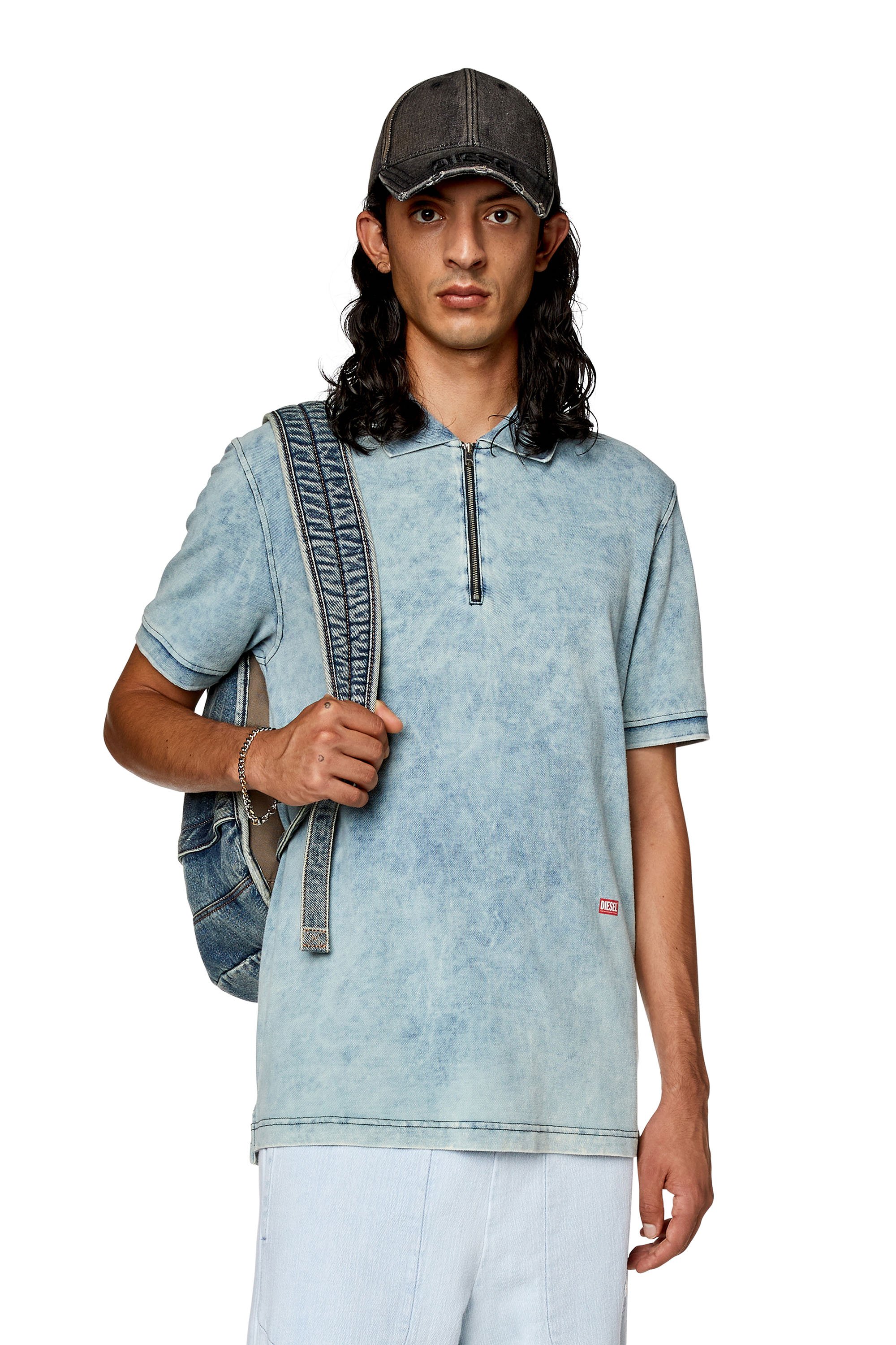 Diesel - T-SMITH-ZIP, Man Polo shirt in faded piqué in Blue - Image 1