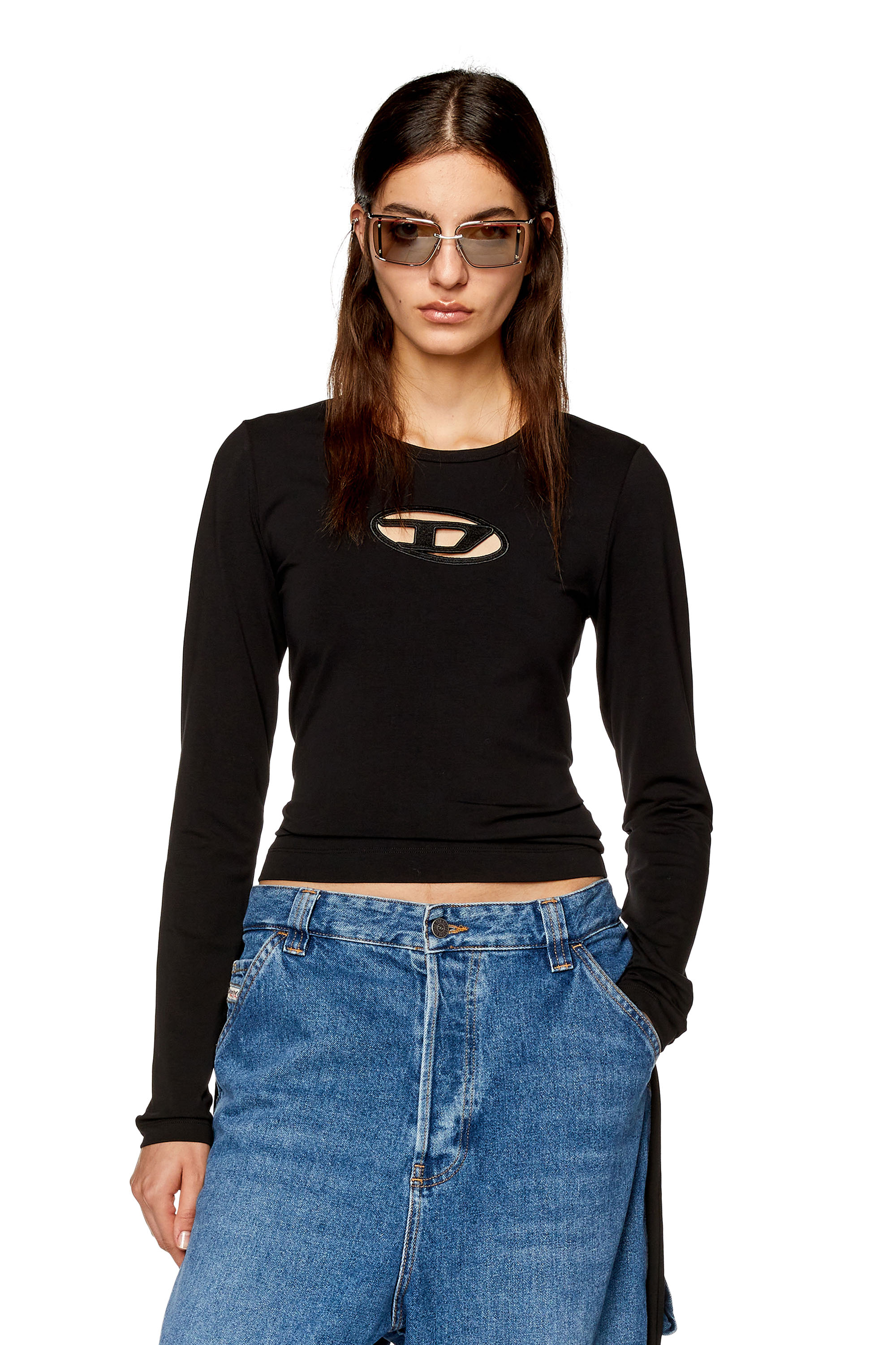 Diesel - T-ANGIE-LS, Woman Long-sleeve T-shirt with cut-out logo in Black - Image 1