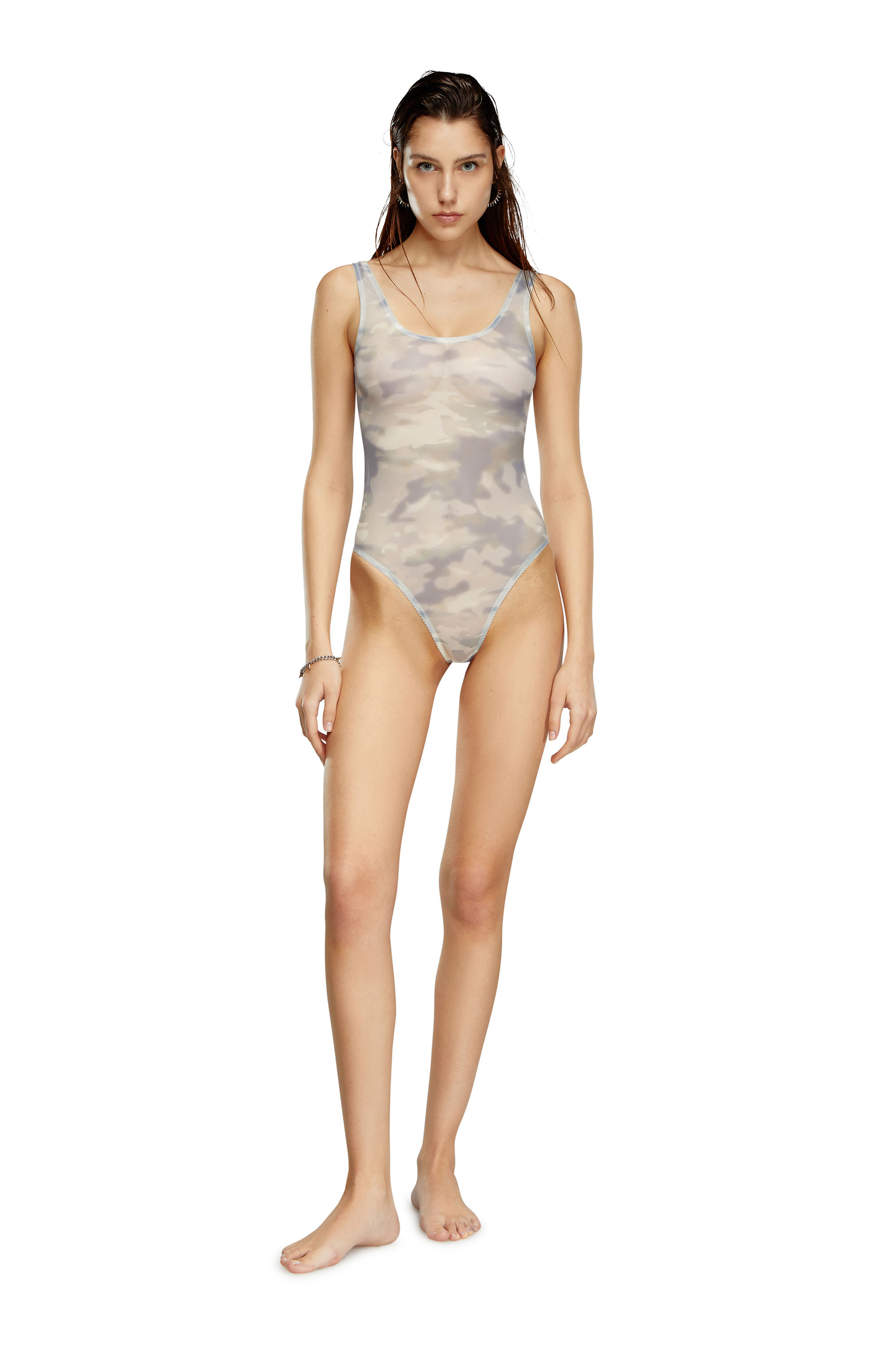 Diesel - UFBY-YOMA, Mujer Body tipo tanga de malla elástica con estampado de camuflaje in Gris - Image 1