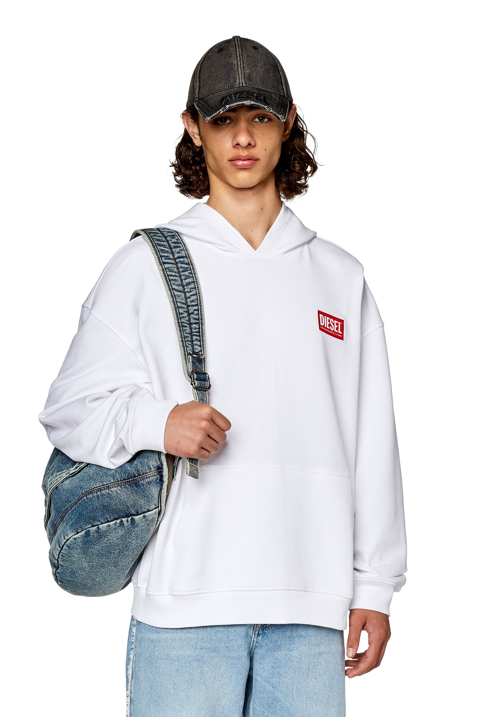 Diesel - S-NLABEL-HOOD-L1, Hombre Sudadera con capucha extragrande y parche con logotipo in Blanco - Image 1