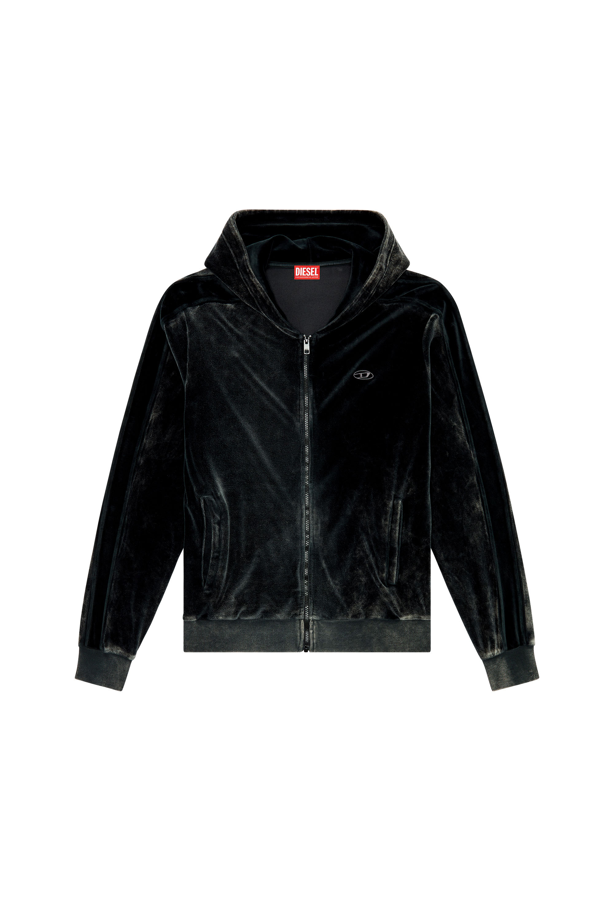 Diesel - S-OCLOCK, Man Acid-wash chenille zip-up hoodie in Black - Image 5