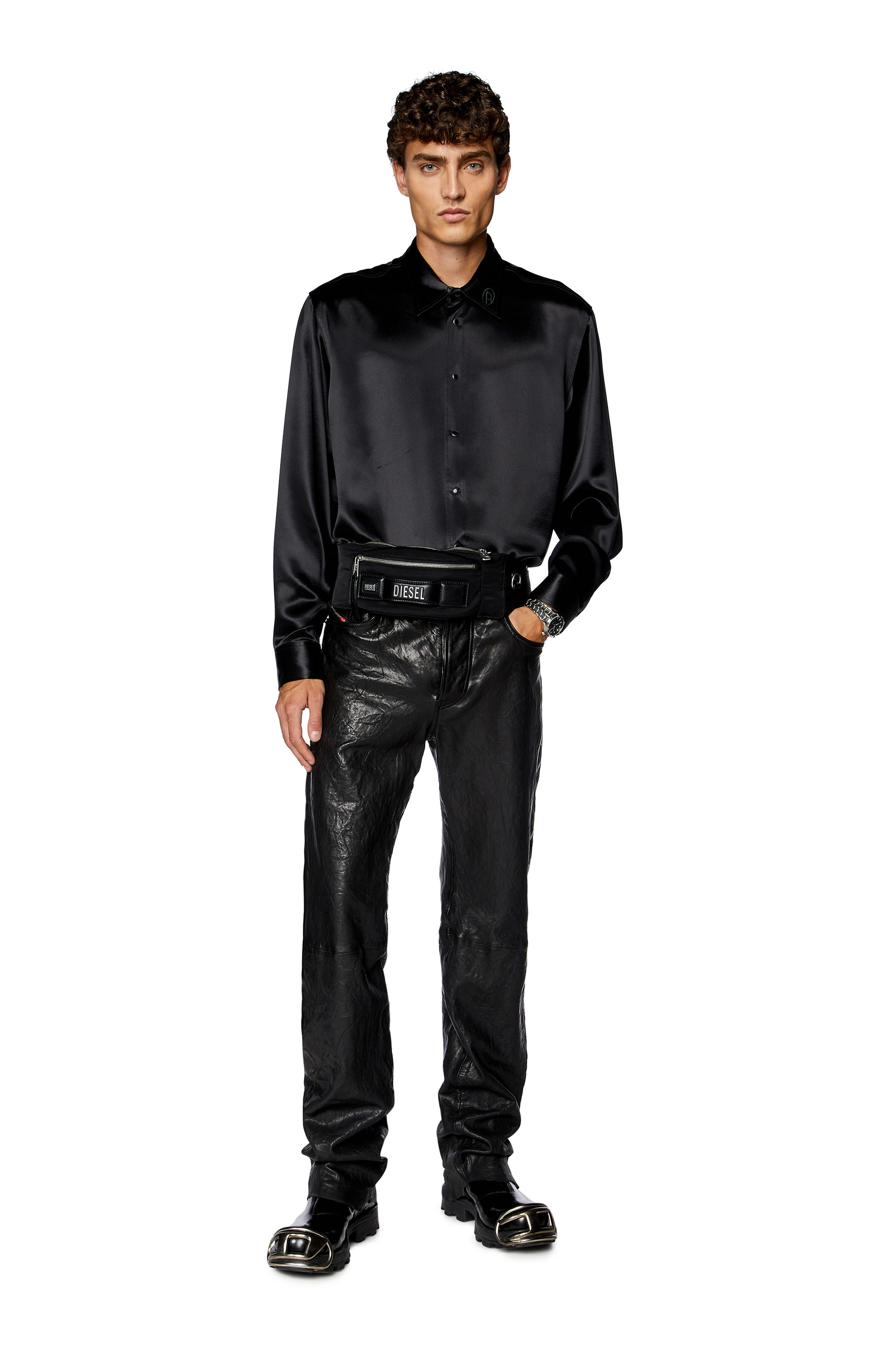 Diesel - S-RICCO, Man Satin shirt with logo-embroidered collar in Black - Image 2