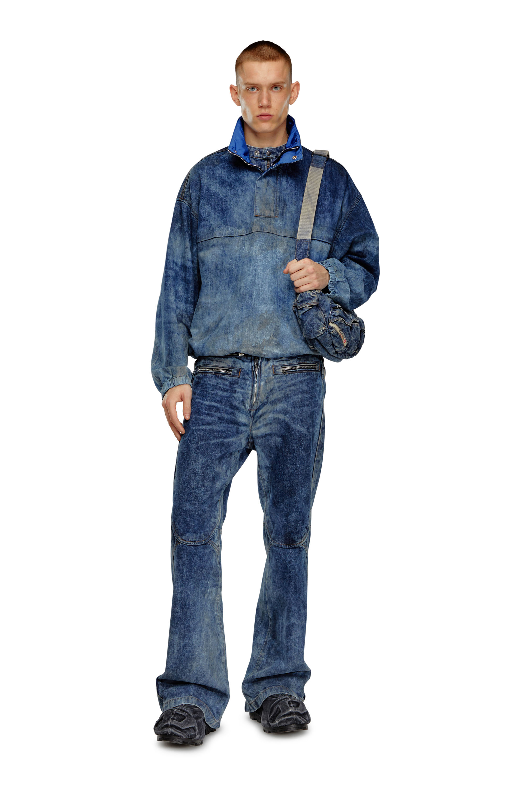 Diesel - D-FLOW-FSE, Man Pullover jacket in dirt-effect denim in Blue - Image 5